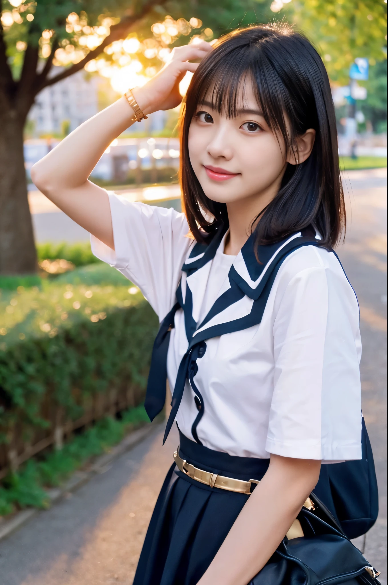 closeup shot , Best picture quality (8K, high resolution, Masterpiece: 1.2), super detailed,  215 Short Hair, 16-year-old woman, 

 Against the background of orange sunset sky、Clouds and sun setting over the sea, Beautiful girl sitting in uniform. her hair is light brown, Medium bob style. She wears a white blouse and pleated skirt as her uniform. She is sitting with her legs spread, , Shooting from below, Esbian all over,


, Close-up of face 

, random cute pose ,big eyes ,Puffy eyes ,  Heart Pupil, blush  , huge shy smile , salute

