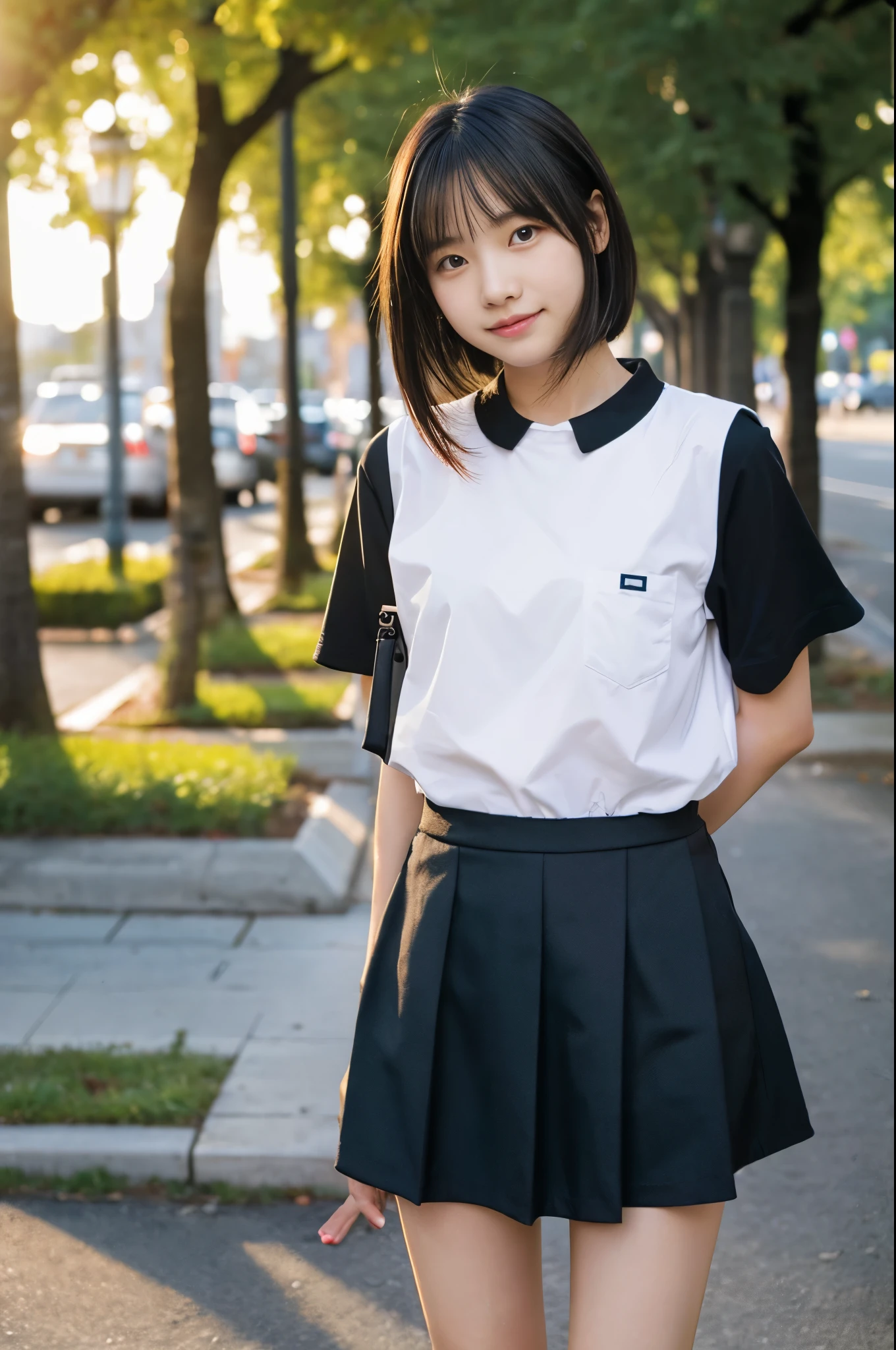 Cute girl、Tabletop, highest quality, Portrait of a Girl、Black Hair、short、uniform、skirt、You can check pores and skin texture in high resolution.、A walk along the bank in the morning sun、Plain、sunset、Image quality of SLR cameras、Push the bike by hand