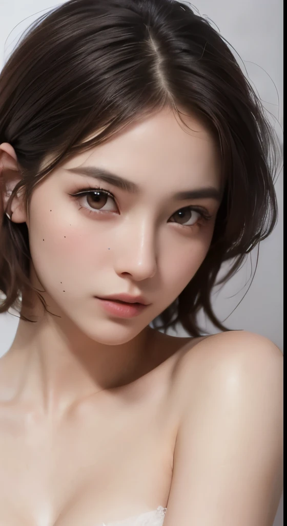 8k uhd、RAWphotograph、モデルphotograph撮影、 (masterpiece, highest quality, Photorealistic, High resolution, photograph: 1.3), Close-up, Focusing, Hot Model, slim, 30 year old mature woman、Small face、Short Hair、Dark Brown Hair、Detailed beautiful eyes、Realな肌, (perfect body), Sexy hot face, Erotic, sexual gaze, slim, Detailed beautiful eyes、glossy lips、Small breasts、Small breasts、Small breasts、Bust B cup、((bright light、Dynamic lighting、Real、超Real、 realism、Realistic details、Cool Beauty、Sexy pose、cool pose、Sexy Costumes、Background gray、Plain gray background