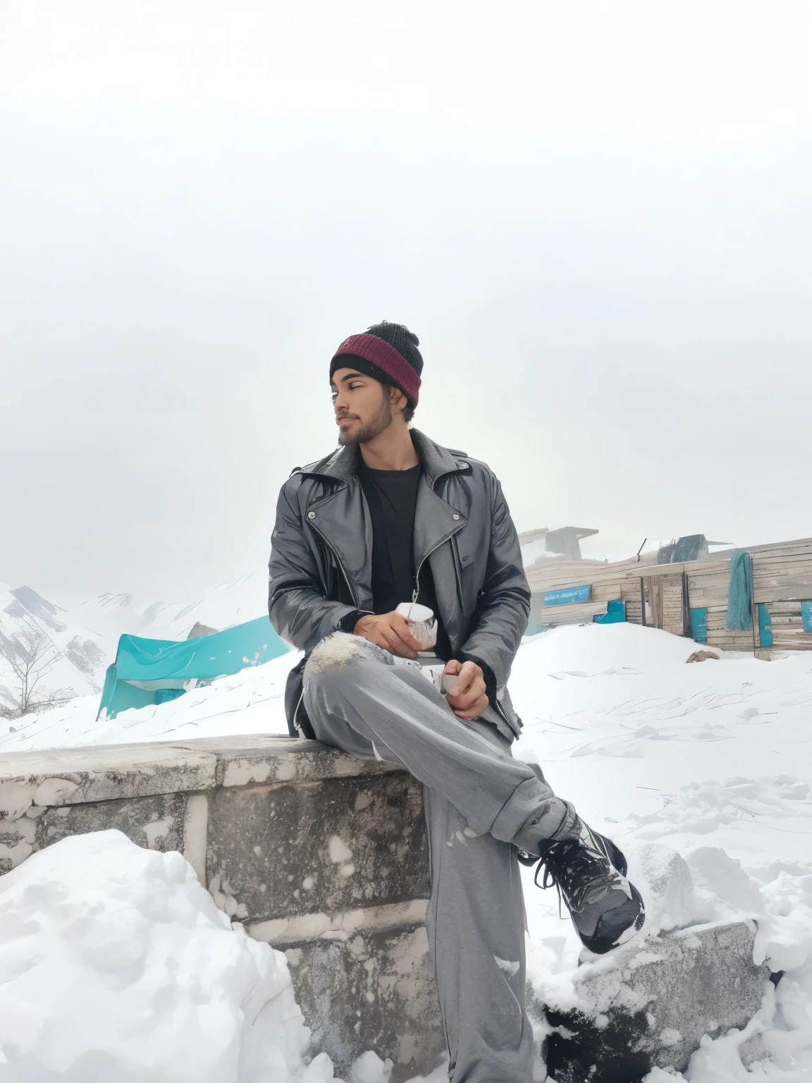 arafed man sitting on a wall with a dog in the snow, during snowfall, only snow, he background, in the snow mountains, taken with sony alpha 9, with a cool pose, in mountains, only snow in the background, in the snow, with mountains in the background, taken with the best dlsr camera, black jacket, stylish, air jordan shoes, skinfit joggers, stylish joggers with many pockets,
