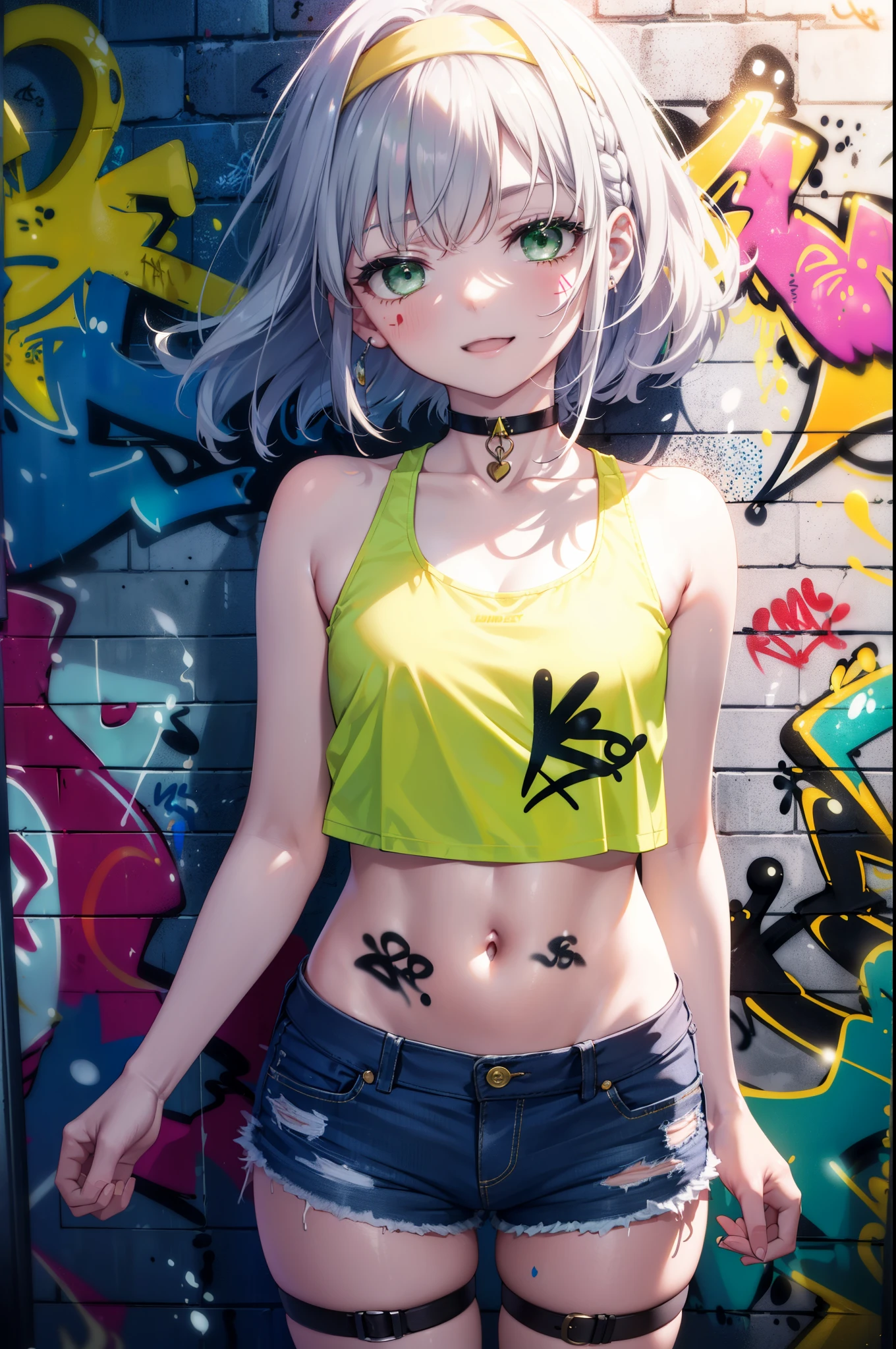 index, index, (Green Eyes:1.5), Silver Hair, Long Hair, (Flat Chest:1.2),happy smile, smile, Open your mouth,short braided hair,Headlock,Yellow Headband Belly Button Tank Top,Denim shorts, choker, (graffiti:1.5), Paint splashes, Put your arms behind your back, Against the wall, Looking at the audience , Thigh straps, Tilt your head, was bored,break outdoors, alley,break looking at viewer, (Cowboy Shot:1.5), break (masterpiece:1.2), highest quality, High resolution, unity 8k wallpaper, (shape:0.8), (Beautiful and detailed:1.6), Highly detailed face, Perfect lighting, Highly detailed CG, (Perfect hands, Perfect Anatomy),