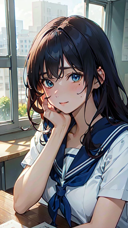 Blue-orange curls are curved inward,,There is a strong sense of freshness and freshness,girl with,((serafuku)), hands on one's face, Elbows on the desk, Sit up, Classroom, sunlights, window, see the beholder, Face in Love, I can see the :1.2, The finest beige underwear, Best Quality,Ultra-detailed, High resolution, extremely details CG, Unity 8k wallpaper, Caustics, textile shading, super detailed skin, Perfect Anatomy, Detailed, Cinematic lighting, Dynamic lighting, Beautiful detailed eyes, (top-quality), (ultra-detailliert), (masuter piece), (hight resolution), (Original), Character Design, Game CG, Detailed Manga Illustration, Realistic head-to-body size ratio:1.2