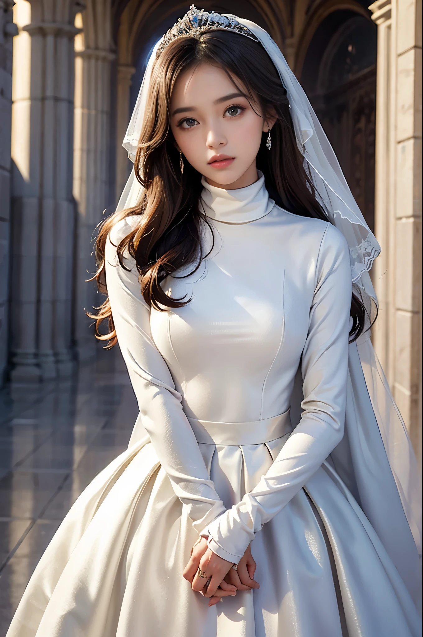 best quality, masterpiece, 1 girl, yak, cute , shiny lips, sweet, sun glare, Conservative attire, turtleneck wedding dress, Bridal tiara, depth of field, blurred background, Cathedral Background, light particles, strong wind, long hair, head tilt