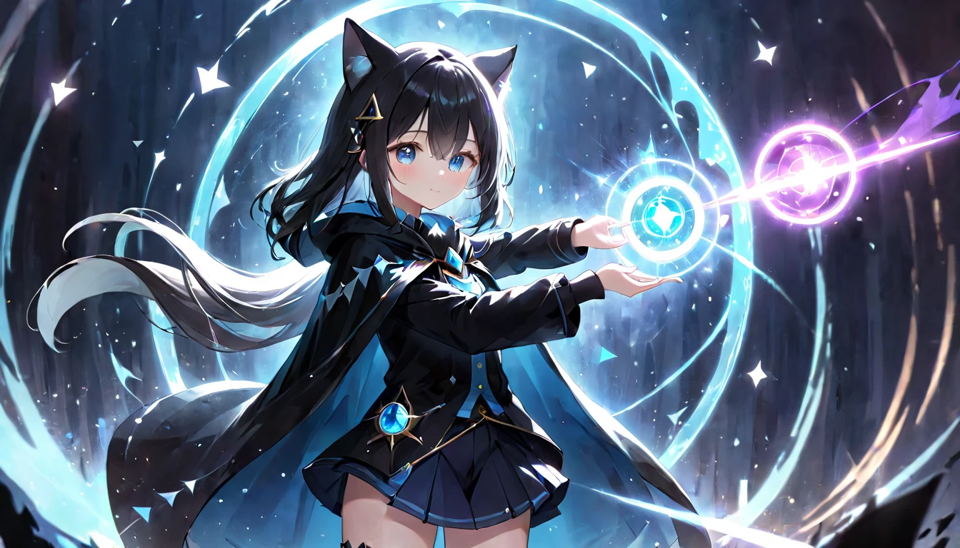 (masterpiece, best quality, very aesthetic, absurdres,general) , 1girl, solo, shot wizard's cloak,shot wizard's trousers,shot skirt:1.2),BREAK,The girl is using magic,Glowing triangular magic circle,,cute girl、Girl with clear eyes、Straight long hair,cat ear