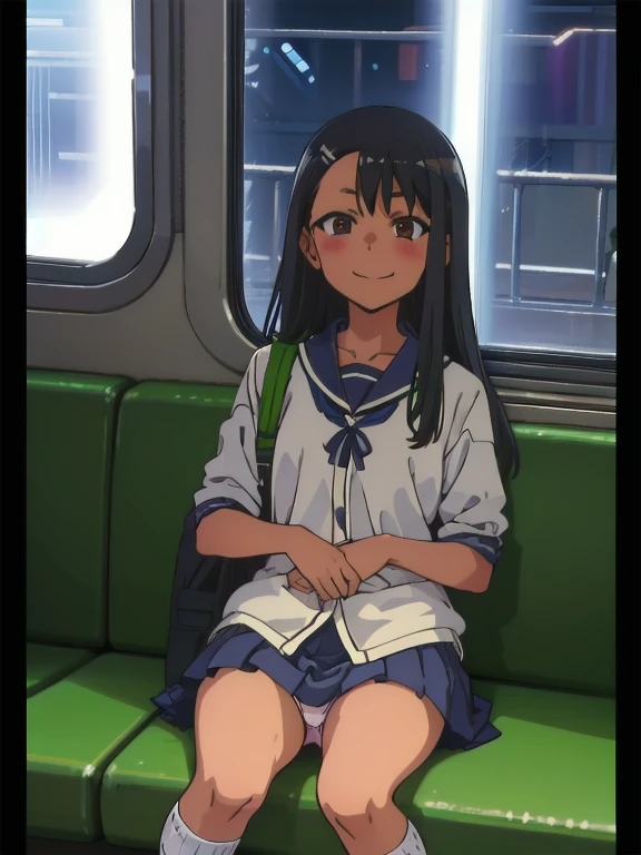 (1) A woman is sitting alone on a long seat on a train. She spread her legs、Showing white panties, Composition from the front,Low - Angle
(2) She is a high school girl, She is wearing a uniform consisting of a miniskirt, sailor suit and loose socks..
(3) she has medium length brown hair.
(4) Her expression is provocative and grinning.
(5) Location: Yamanote Line long seat at night. There are no other customers. The view outside the window is the night view of the city.