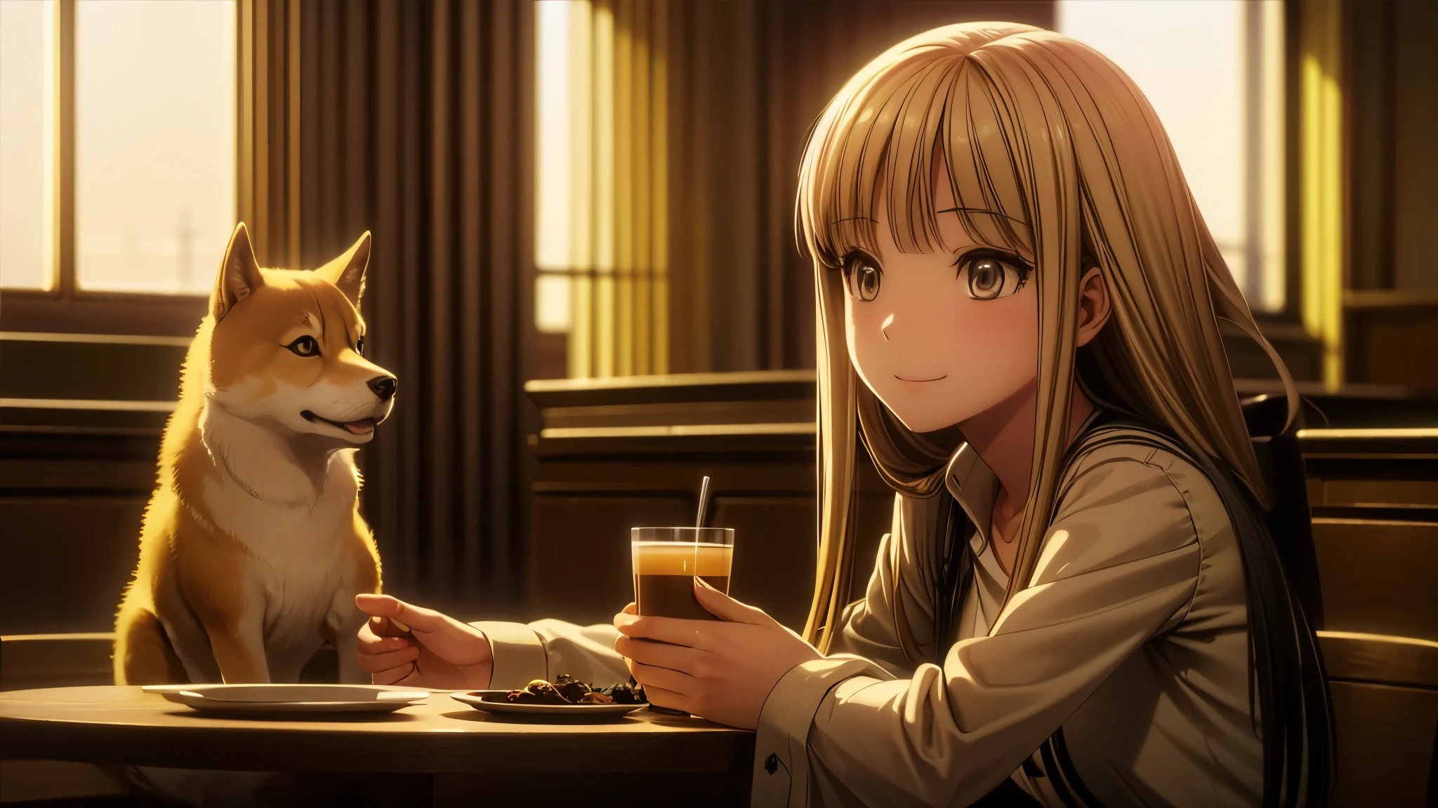 original photo, best quality), 1 girl, Shiba Miyuki, natural lighting, Upper body, cafes, Smile, Satosh Khan Art Style