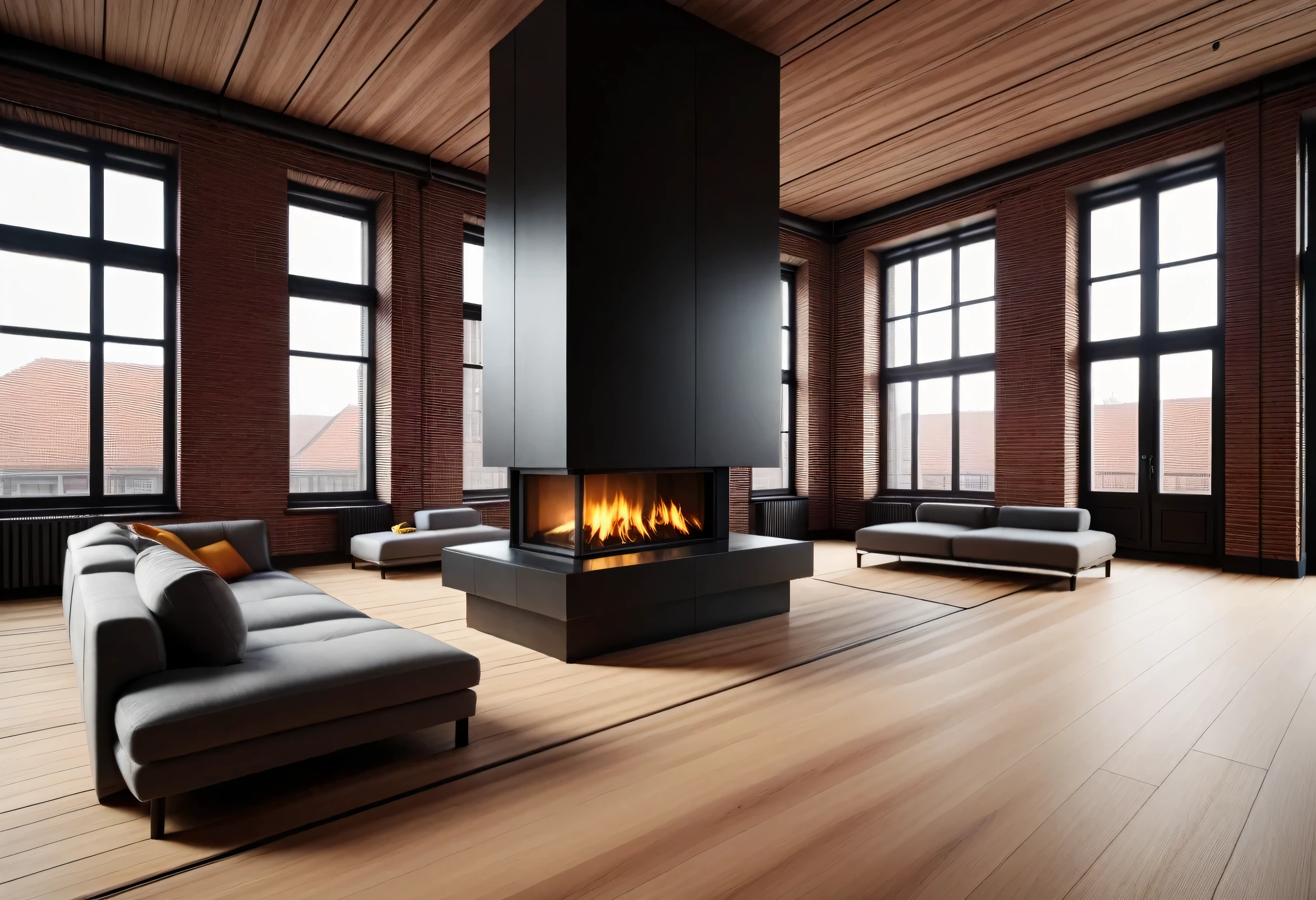 there is a room with a fireplace and a wooden floor, interior of a loft, home interior, living room interior, interior background, elegant interior, wooden interior, interior architecture view, interior of a living room, house interior, picture of an interior loft, interior living room, an interior of room, warm interior, picture of a loft in morning, modern living room