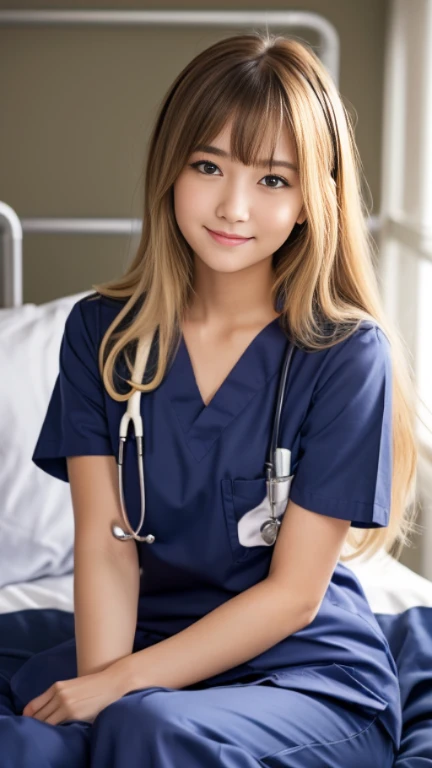 (Medium Chest)、Sexy cute looks and cute 15 year old beautiful girl, Beautiful and sexy face、A strong wind blows my hair in front of my face、Beautiful blonde with cute long straight hair, Sexy eyes hidden behind long bangs,slightly dark skin, height: 156cm,troubled eyes,((Slightly droopy eyes)),(((whole body))),((nurse)),(Navy blue nurse clothes),Cute smile,Sitting on a bed in a hospital room