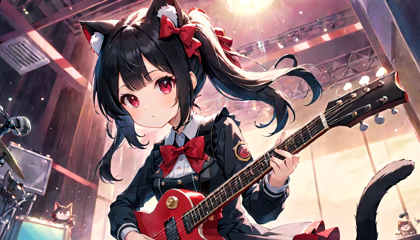 (masterpiece, best quality, very aesthetic, absurdres, general), 1 girl, cat ear, short ponytail, cute, kawaii, blunt bangs, short sideburns, red big bow, fisheye, playing the guitar,long black hair,(strange angle:1.2),BREAK,pull shot