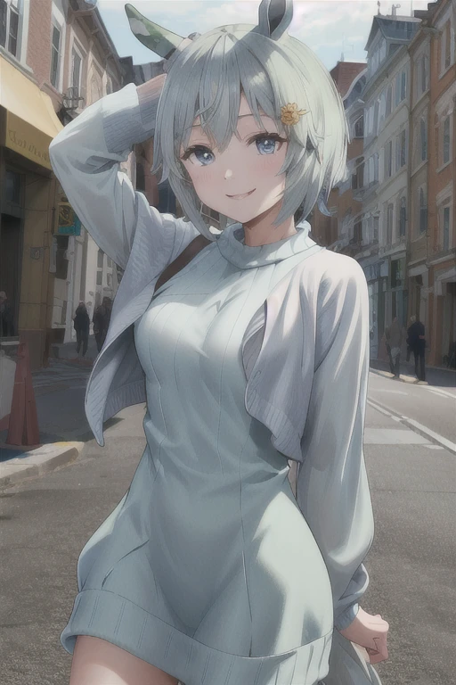 masterpiece,best quality,highres,ultra-detailed,aasajuna,Seiun Sky (umamusume),light blue tight sweater dress,street,smile,standing,cowboy shot,arms_behind_back,