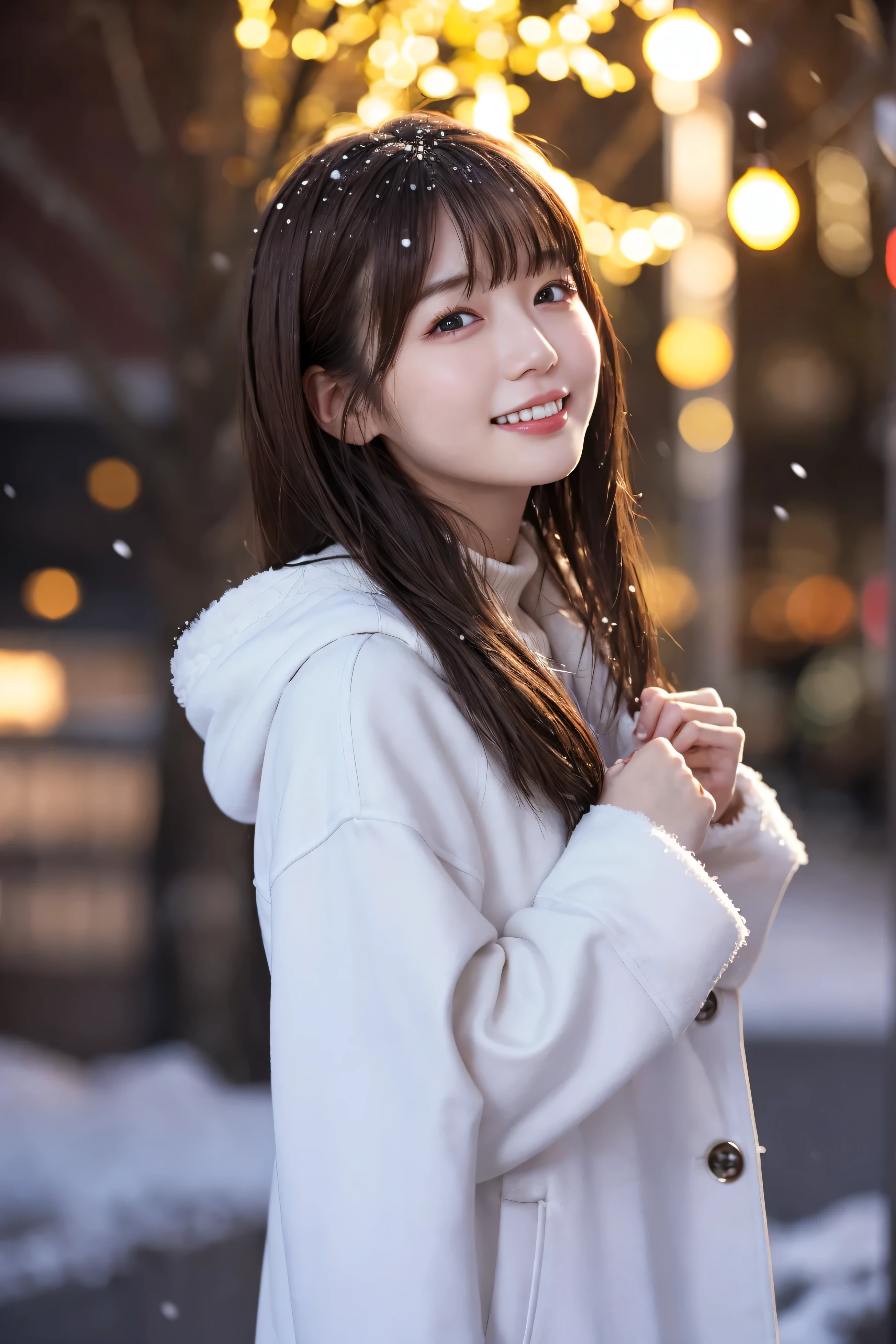 1 girl, (wear a platinum coat:1.2), (RAW Photos, highest quality), (Realistic, Photorealistic:1.4), Tabletop, Very delicate and beautiful, Very detailed, 2k wallpaper, wonderful, finely, very detailed CG Unity 8k wallpaper, Very detailed, High resolution, Soft Light, Beautiful detailed girl, Very detailed目と顔, Beautiful and detailed nose, finely beautiful eyes, Cinema Lighting, Illuminations that light up the city on a snowy night, Snow Scene, that'it's snowing, snow fell in my hair, Perfect Anatomy, Slender body, Was nervous,
Straight semi-long hair, bangs, Looking at the audience, smile、fluffy muffler、