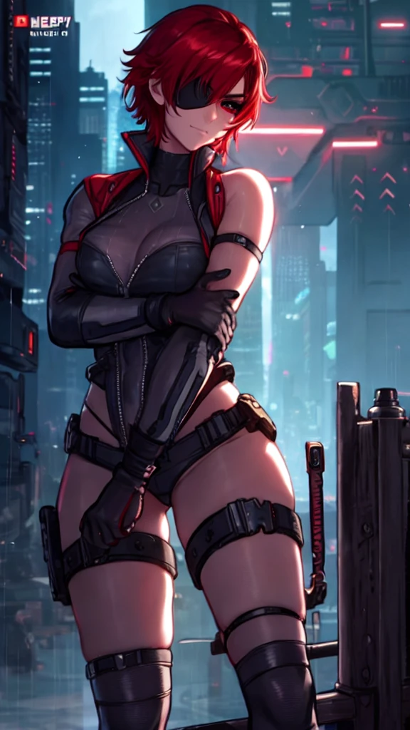 (masterpiece), best quality, expressive eymasterpiece, high-detail, sketch, dino crisis, [solo female], (aim pose, fight with raptor, holding mp5, holding weapons), black bodysuit, gray fabric layer under bodysuit, 30 year, bare shoulders, tactical fingerless glove, best quality, masterpiece, best quality, finely detail, beautiful detailed eyes, ultra detailed, extremely beautiful CG, super detailed skin, best quality, intricate, {{high quality}}, extra colors, 2D, megapixel, perfectionism, accent lighting, full HD, 4K, sukeban, sukeban deka, delinquent,) (1girl, full body, 1girl, solo female, mature female, full body, contrapposto, big boss metal gear, the boss metal gear, Escape from New York, akira, blade runner, die hard, metal gear solid v, snake plissken, rex power colt, Far Cry 3 Blood Dragon,) ( collarbone, red hair, red eyes, short hair, weird red hair, short red hair, evil smile, small_breasts, best quality, beautifully detailed face, ray tracing, DOF,HDR, smoking) (fingerless_gloves,  fully clothed, gloves, cigarette, jacket, eyepatch on one eyes, eyepatch on the left eyes, tactical gear, tactical uniform, camouflage bodysuit, sneaking_suit) gainax anime style, studio gainax art, studio gainax illustration,inspired by Masamune Shirow, studio gainax, by Masamune Shirow, beautiful charcter from evangelion (outdoors, (night:1.1), military base background, radio tower background, science fiction background, futuristque background , outdoor, akira city sky line background, official art, raining, rain, storm, science fiction military base background), perfect face, 