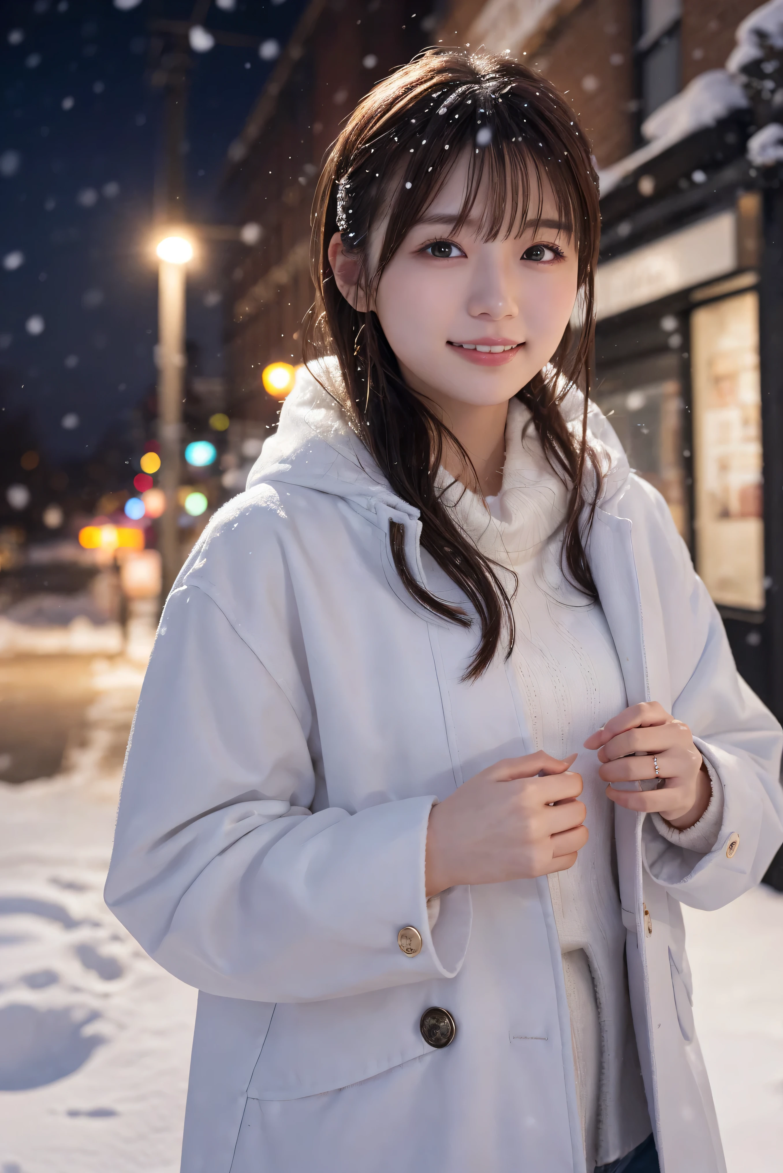 1 girl, (wear a platinum coat:1.2), (RAW Photos, highest quality), (Realistic, Photorealistic:1.4), Tabletop, Very delicate and beautiful, Very detailed, 2k wallpaper, wonderful, finely, very detailed CG Unity 8k wallpaper, Very detailed, High resolution, Soft Light, Beautiful detailed girl, Very detailed目と顔, Beautiful and detailed nose, finely beautiful eyes, Cinema Lighting, Illuminations that light up the city on a snowy night, Snow Scene, that'it's snowing, snow fell in my hair, Perfect Anatomy, Slender body, Was nervous,
Straight semi-long hair, bangs, Looking at the audience, smile、fluffy muffler、