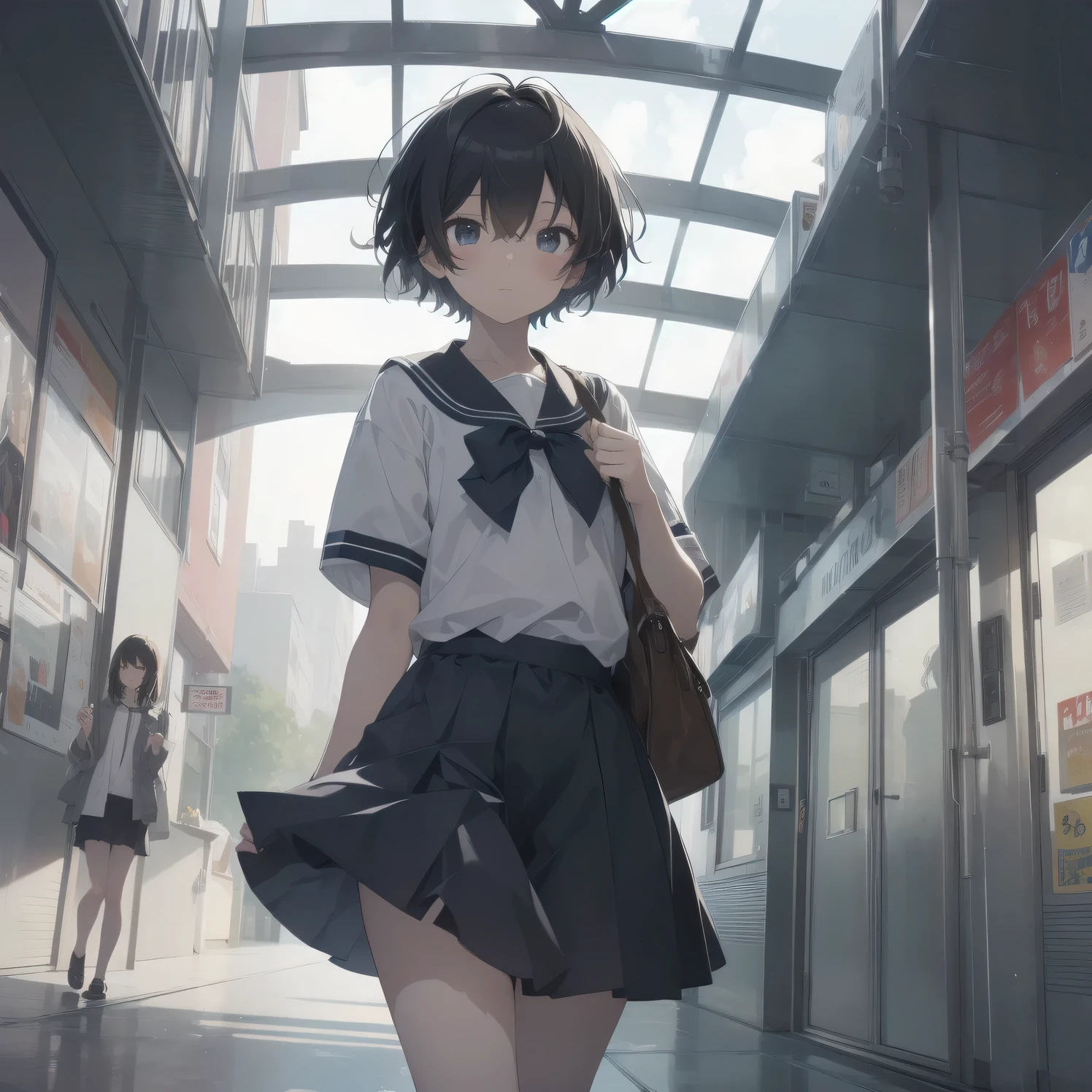 ultra-absurdres-Top quality by artist God, ultra-detailed, high resolution, anime moe artstyle, best anime 8k konachan wallpaper, pixiv contest winner,pool:2810, perfect anatomy,break, 1girl, (Please draw a girl walking sleepily to school alone. )break,(Solo,little female, 13-year-old:1.3),Full limbs, complete fingers,a junior high school student, (very short hair), short cut, flat chest, , small butt, small black eyes, beautiful detailed eyes, well-proportioned iris and pupils, expressive eyes, highres detailed hair, soft expression, school_uniform, official_alternate_costume, pleated skirt,(Detailed Lighting), (Detailed background), in the School commute route. break,super detailed skin, Best cinematic lighting powered by famous artist, 8k,beauty illustration,photoshop_(medium),very aesthetic,break,((artist:kou_hiyoyo )), artist:akinashi yuu ,artist:oyari ashito ,artist:kantoku ,
