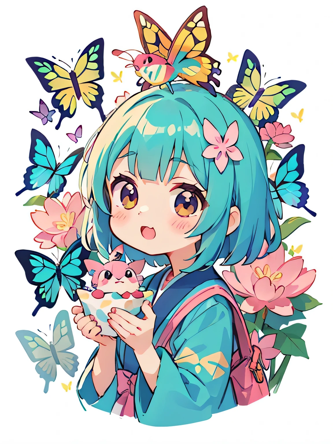 Momoko Sakura style, Kawaii Design, most beautiful girl ever、Chibi, Colorful bob hair、((Lots of friends))、(((butterfly々)))