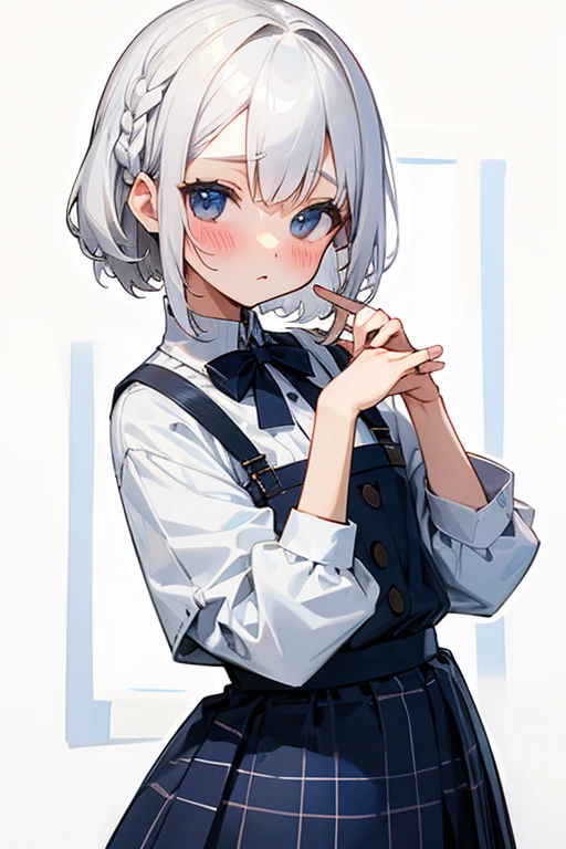 Short white hair, blush, Navy and white checked outfit、Braiding、