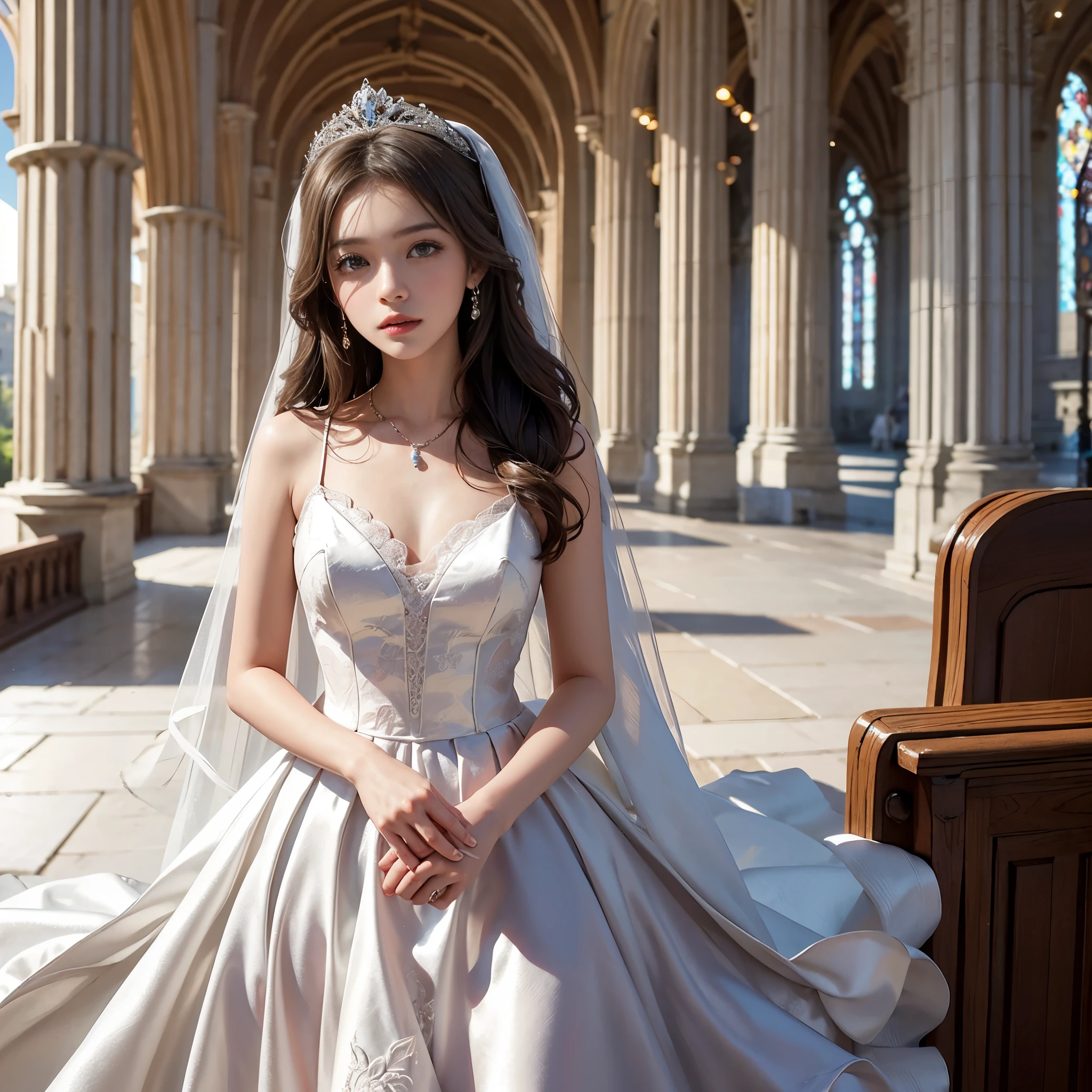 best quality, masterpiece, 1 girl, yak, cute , shiny lips, sweet, sun glare, Conservative attire, wedding dress, Bridal tiara, depth of field, blurred background, Cathedral Background, light particles, strong wind, long hair, head tilt