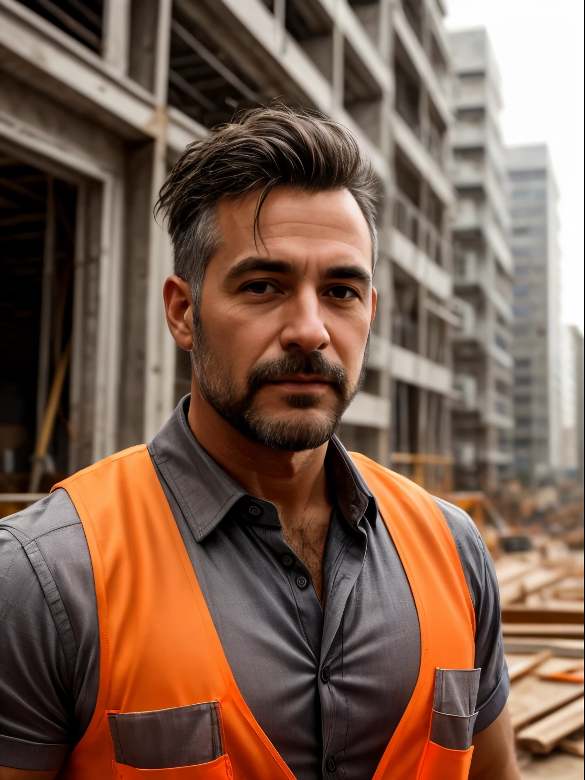 masterpiece, best quality, high resolution, closeup portrait, male focus, solo focus, A man, 50 years old, with construction worker uniform, unbuttoned work clothes, construction worker, silver grey hair, messy hairstyle, cute and seductive face, bare chest, body hair, facial hair, roman nose, very skinny body, hairy legs, dimples, beard, bold jawline , in the background a construction site, orange vest, gay , scruffy, ??????, view from below, amazing composition, front view, HDR, ultra quality, elegant, highly detailed, middle part hair