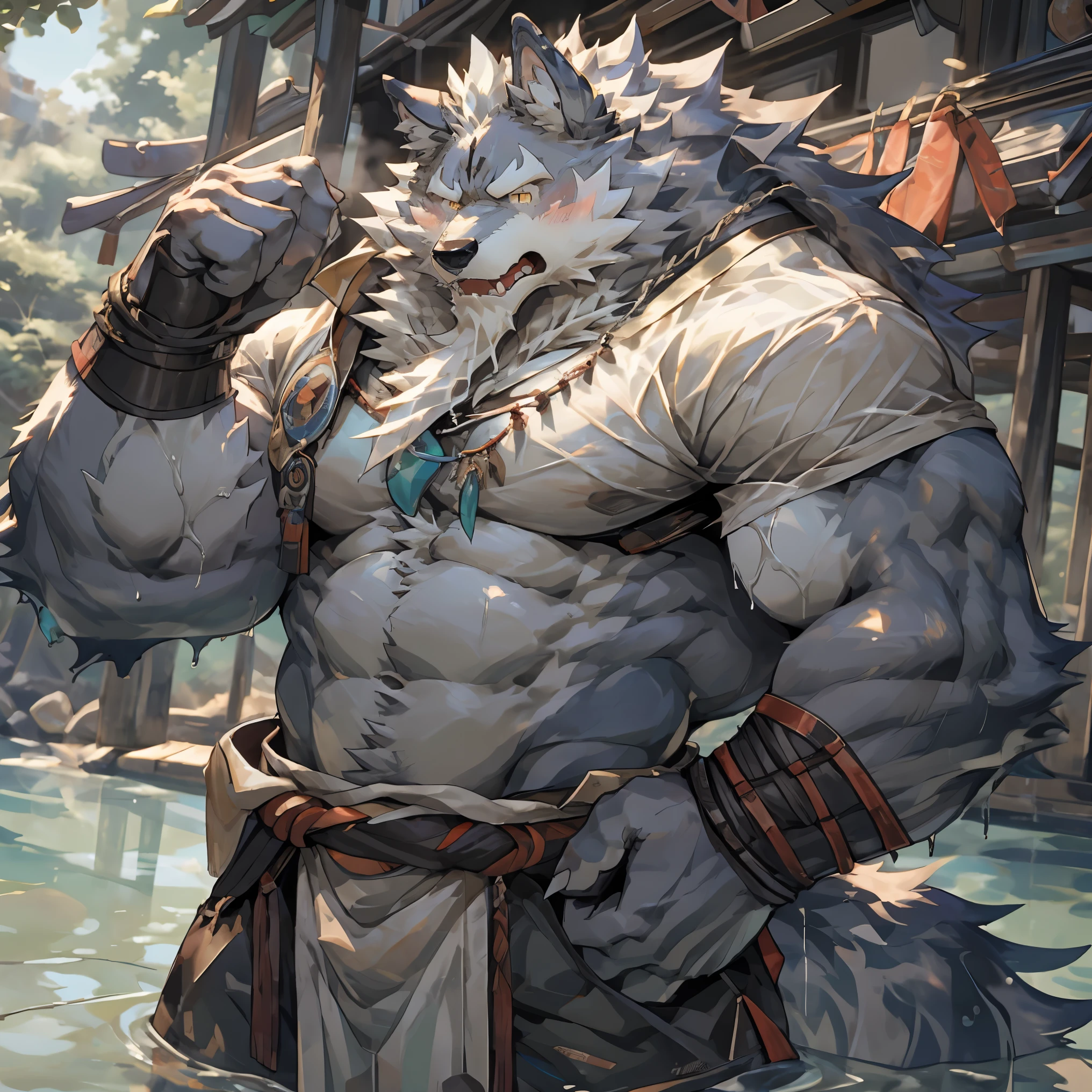 Furry male grey Wolf, Law（sdorica）, muscular, Strong build, muscular male, furry, wolf boy, White beard, A thin white beard, by null-ghost, Wearing a Japanese loincloth on the lower body, Full of manliness, The whole body is wet, The upper body is wearing a white shirt, The clothes and loincloth were soaked by water until they were translucent., White shirt unbuttoned to reveal chest muscles, Clothes and loincloths fit tightly against the skin, White tight shirt, Small belly, Muscles are well developed but the belly is fat, Big chest muscles, No NSFW elements, No factors that cause blocking, Sexy but not too sexy, Completely normal, Completely SFW, In the picture from beginning to end, Full body portrait, Through the wet clothes, you can see the slightly fat belly with abdominal muscles, A translucent loincloth that outlines the shape of a penis, Does not contain any pornographic content, Hands on hips, Standing upright, sigh, annoyed, angry, embarrassed, shy, blush, upset, sulking, depressed, frustrated, full-face blush, anger vein, nose blush, excited, saliva trail, skin fang, fang, endured face, moaning, heavy breathing, expressions, bright pupils, flustered, jitome, scowl, tearing up, serious, grimace, fume, facial hair, saliva, frown, tongue, eyeball, tears, aqua eyes, crying with eyes open, glaring, streaming tears, wide eyes, yellow eyes, wide-eyed, grey hair, wet hair, animal ears, wolf ears, tongue out, ear blush, cut-in, UHD, masterpiece, anatomically correct, ccurate, textured skin, super detail, high details, high quality, award winning, best quality, highres, 1080P, 8k，One portrait，individual，Detailed eyes, Detailed body, Detailed background, Real and detailed background, Any content that may result in being blocked