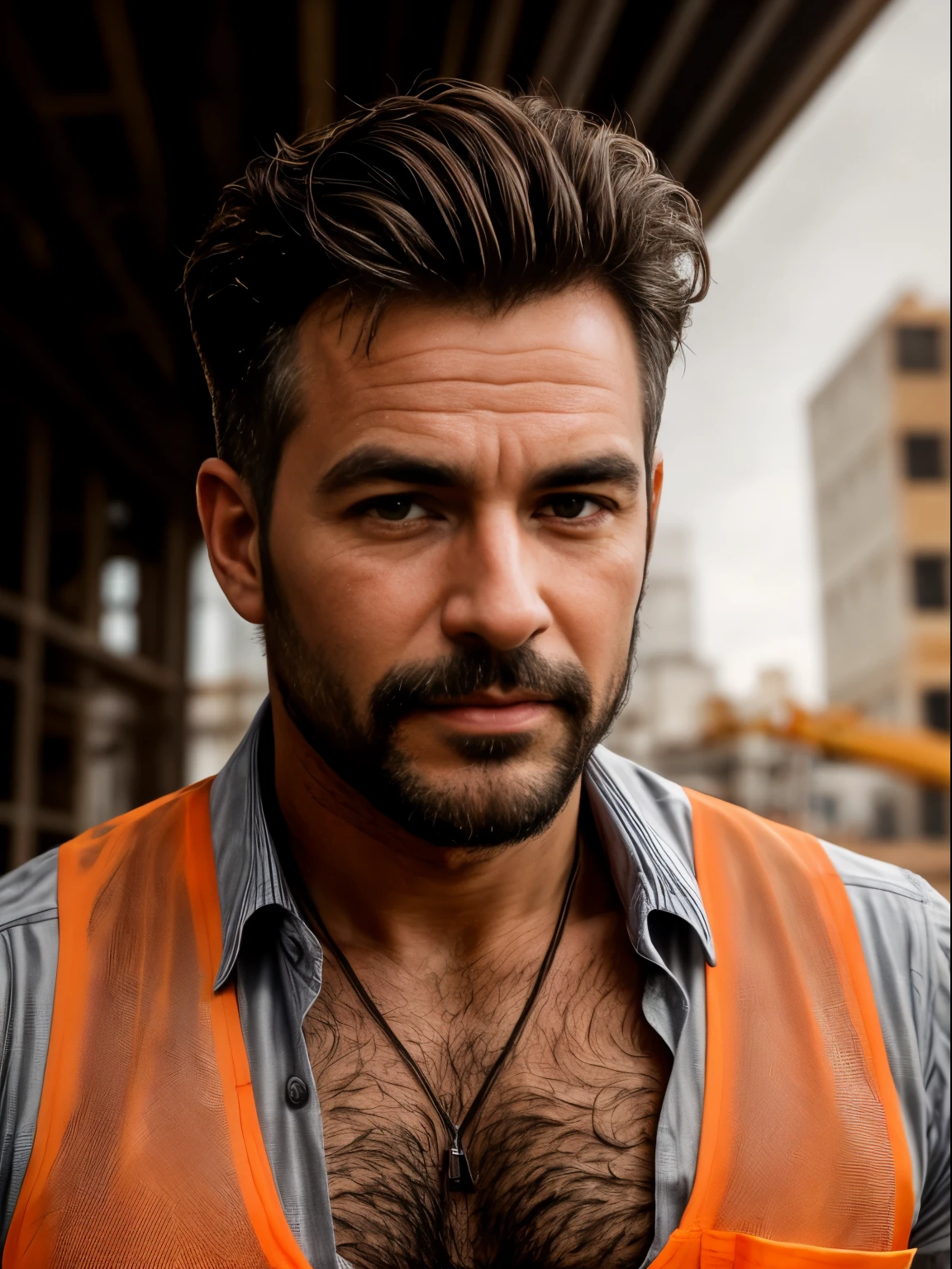 masterpiece, best quality, high resolution, closeup portrait, male focus, solo focus, A man, 50 years old, with construction worker uniform, unbuttoned work clothes, construction worker, silver grey hair, messy hairstyle, cute and seductive face, bare chest, body hair, facial hair, roman nose, very skinny body, hairy legs, dimples, beard, bold jawline , in the background a construction site, orange vest, gay , scruffy, erotic, view from below, amazing composition, front view, HDR, ultra quality, elegant, highly detailed, middle part hair