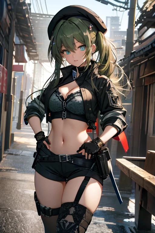 ubel,dark green hair,long hair,side ponytail,hair between eyes,bangs, BREAK (beret, black jacket, open clothes, cleavage, midriff, black shorts, black thighhighs, thigh strap, fingerless gloves, single glove:1.2) BREAK blurry background, BREAK pose, hand on hip, BREAK (masterpiece:1.2), best quality, high resolution, unity 8k wallpaper, (illustration:0.8), (beautiful detailed eyes:1.6), extremely detailed face, perfect lighting, extremely detailed CG, (perfect hands, perfect ???????),