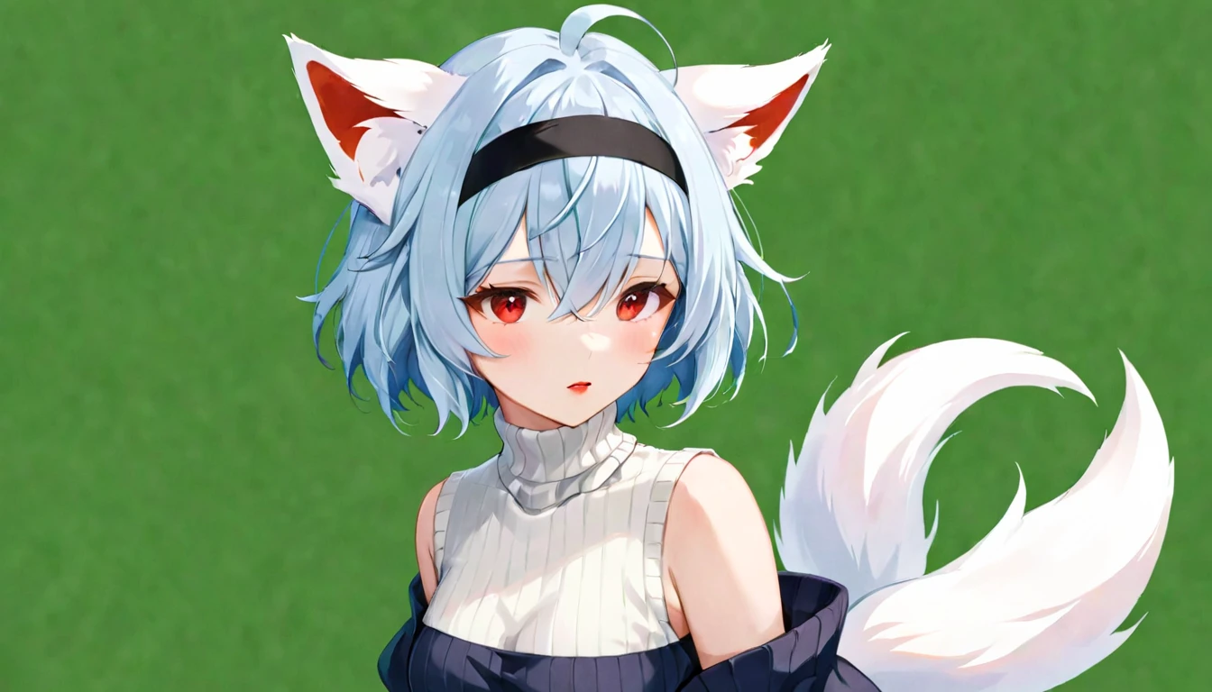 One girl, WLOP, (Blindfold), chest, chestの谷間, chestの谷間 cutout, Dress cutout, Green background, Hair between the eyes, head band, High resolution, Juliet Sleeve, fluffy sleeves, Red lips, Shadow Face, short hair, alone, Turtleneck sweater, Upper Body, l Blue hair, null, White fox ears, White fox tail, nine tailed fox,