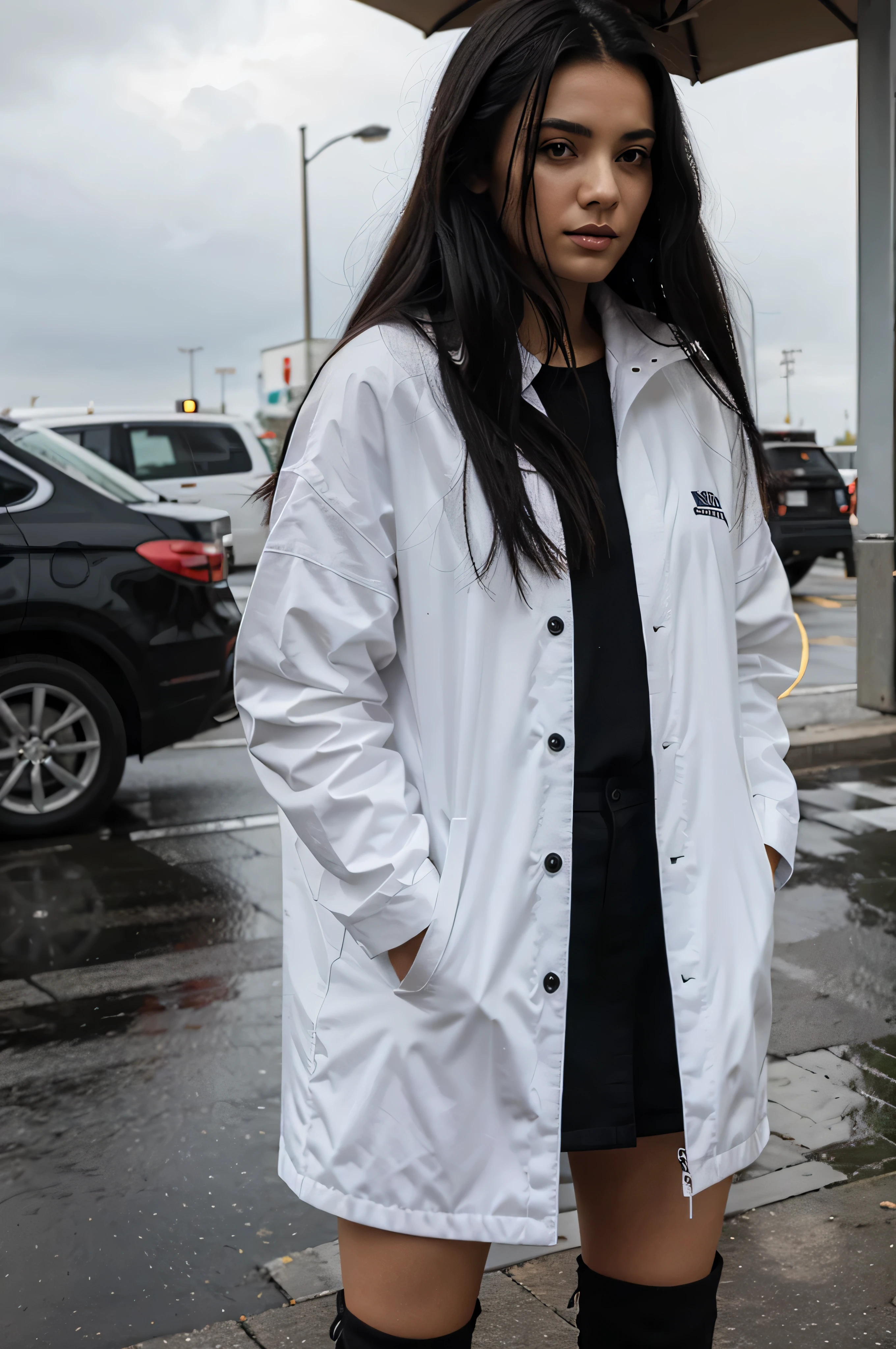 Woman with white and black hair stands, and it&#39;s raining in the background.