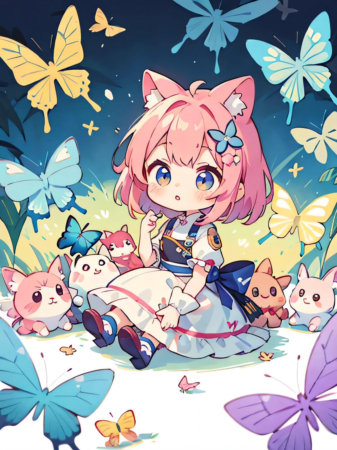 Momoko Sakura style, Kawaii Design, most beautiful girl ever、Chibi, Colorful bob hair、((Lots of friends))、butterfly々Play with
