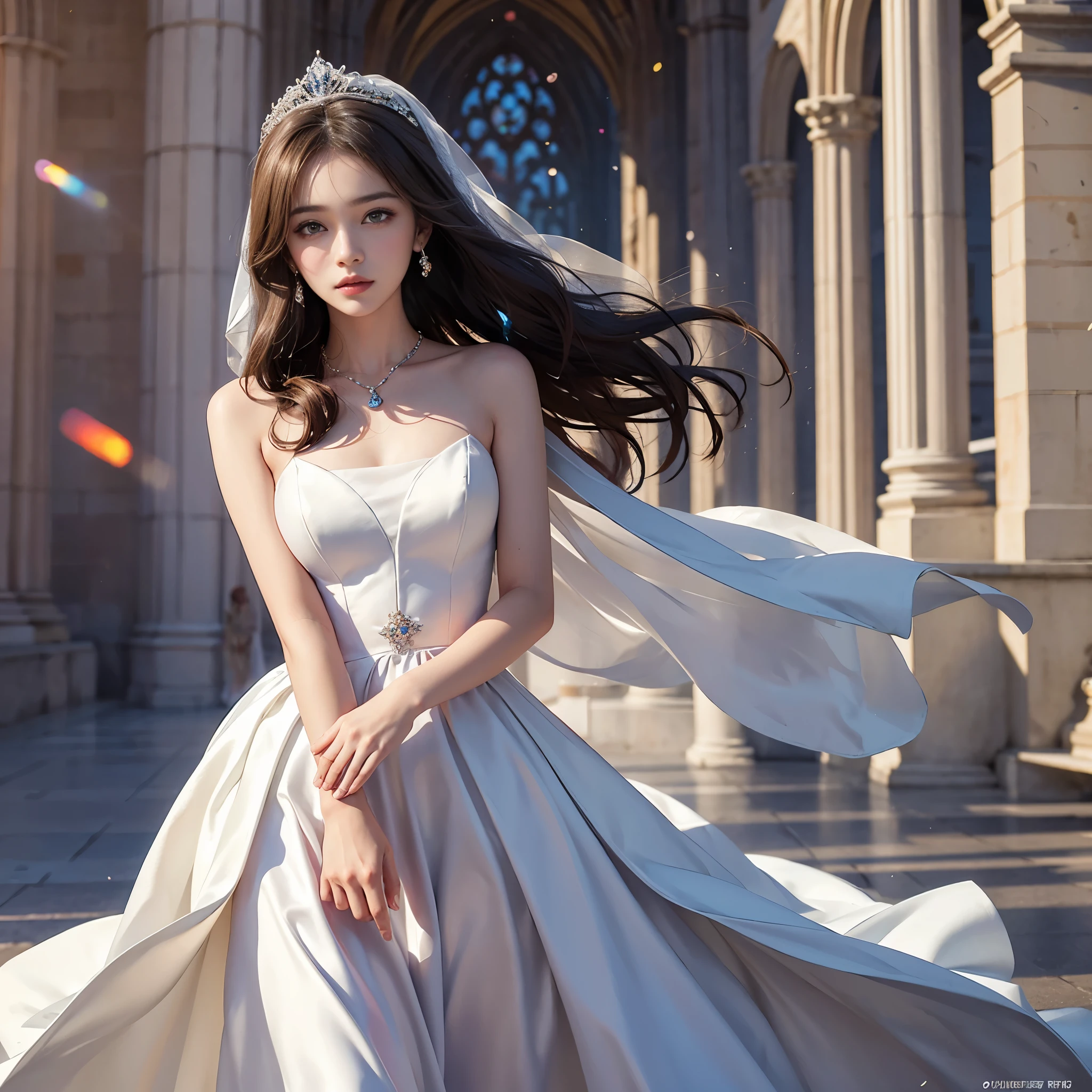 best quality, masterpiece, 1 girl, yak, cute teen, shiny lips, sweet, sun glare, Conservative attire, wedding dress, Bridal tiara, depth of field, blurred background, Cathedral Background, light particles, strong wind, long hair, head tilt