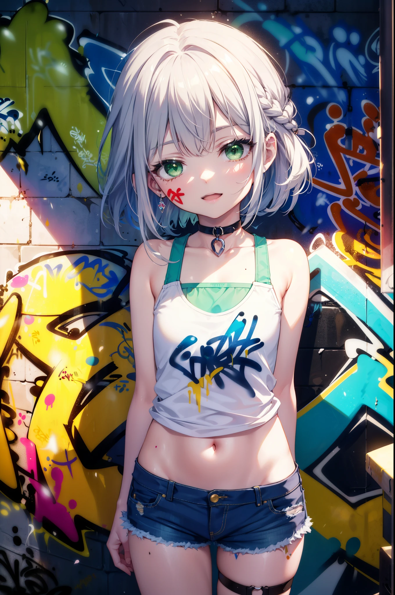 index, index, (Green Eyes:1.5), Silver Hair, Long Hair, (Flat Chest:1.2),happy smile, smile, Open your mouth,short braided hair,Headlock,Yellow Headband Belly Button Tank Top,Denim shorts, choker, (graffiti:1.5), Paint splashes, Put your arms behind your back, Against the wall, Looking at the audience , Thigh straps, Tilt your head, was bored,break outdoors, alley,break looking at viewer, (Cowboy Shot:1.5), break (masterpiece:1.2), highest quality, High resolution, unity 8k wallpaper, (shape:0.8), (Beautiful and detailed:1.6), Highly detailed face, Perfect lighting, Highly detailed CG, (Perfect hands, Perfect Anatomy),