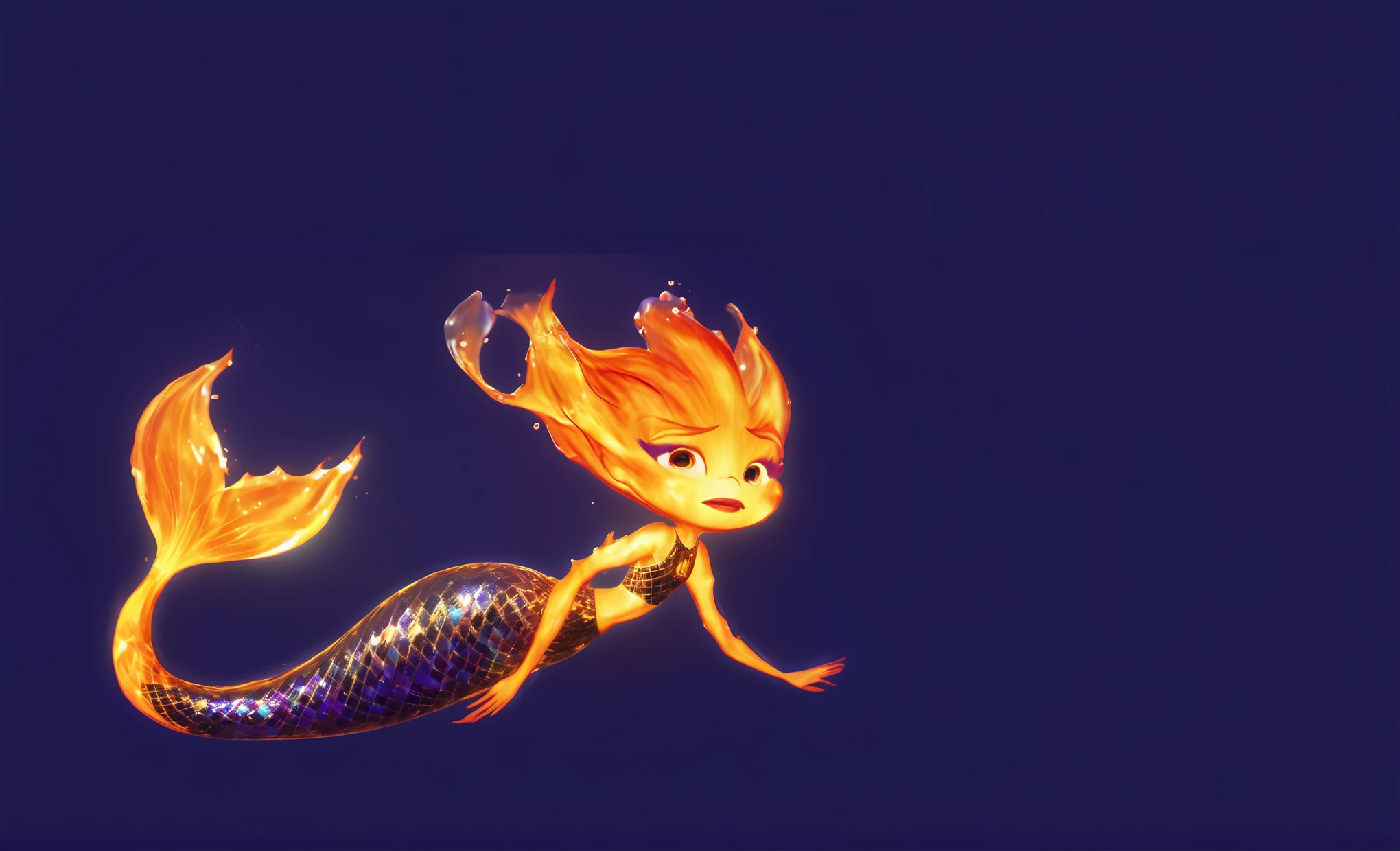 ember lumen concept art, !!emotion fear!!, ember open mouth ! ember emotion fear, fire mermaid ember lumen, mermaid with grey fish tail, fantastic masterpiece mermaid tail, swimming under water, deep blue flat background, masterpiece cgi work, beat vfx, glossy texture, smooth 3d model, multiple light sources, rim light, sharp post effects render, (glossy plastic texture with multiple big light probe refractions), perfect cgi, smooth silhouette, high intensity refraction, (super glossy material), most beautiful vfx, blue background, plastic refractions, realistic, 4k, high resolution, rim light, photo shoot, commercial photo, profile shot, 4k, rim light, high resolution, 4k, glossy texture, smooth 3d model, multiple light sources, rim light, sharp post effects render, (glossy water texture with multiple big light probe refractions), perfect cgi, cgi art created only with gradients, smooth silhouette, high intensity refraction, (super glossy water material), most beautiful vfx, blue background, water refractions, multiple light sources, rim light, sharp post effects render, perfect cgi, digital art, detailed digital art, reflective, best quality, 4k, masterpiece:1.2, ultra-detailed, realistic, vivid colors, dark and moody lighting, The image of the highest quality, ensuring every detail showcased perfectly. It in 4k resolution, allowing viewers to immerse themselves in the richness of the colors and intricate details. The realistic rendering. under the spotlight, reflecting, high-resolution image, realistic rendering, dark background, and rim light photorealistic
