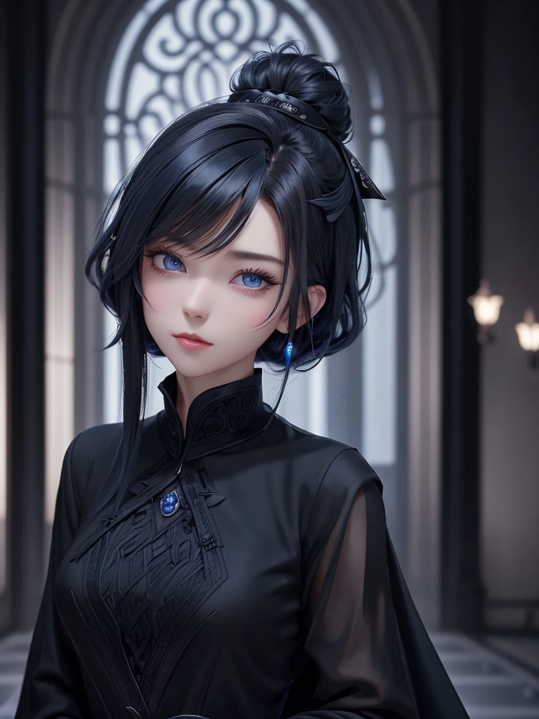 wearing an elegant black hat、loong background、black magician、Wearing a black robe、fascinate、Cute Woman、elegant hairstyle、Indigo Hair Color、Slightly short hair、blue eyes、View your viewerasterpiece、Best Images、