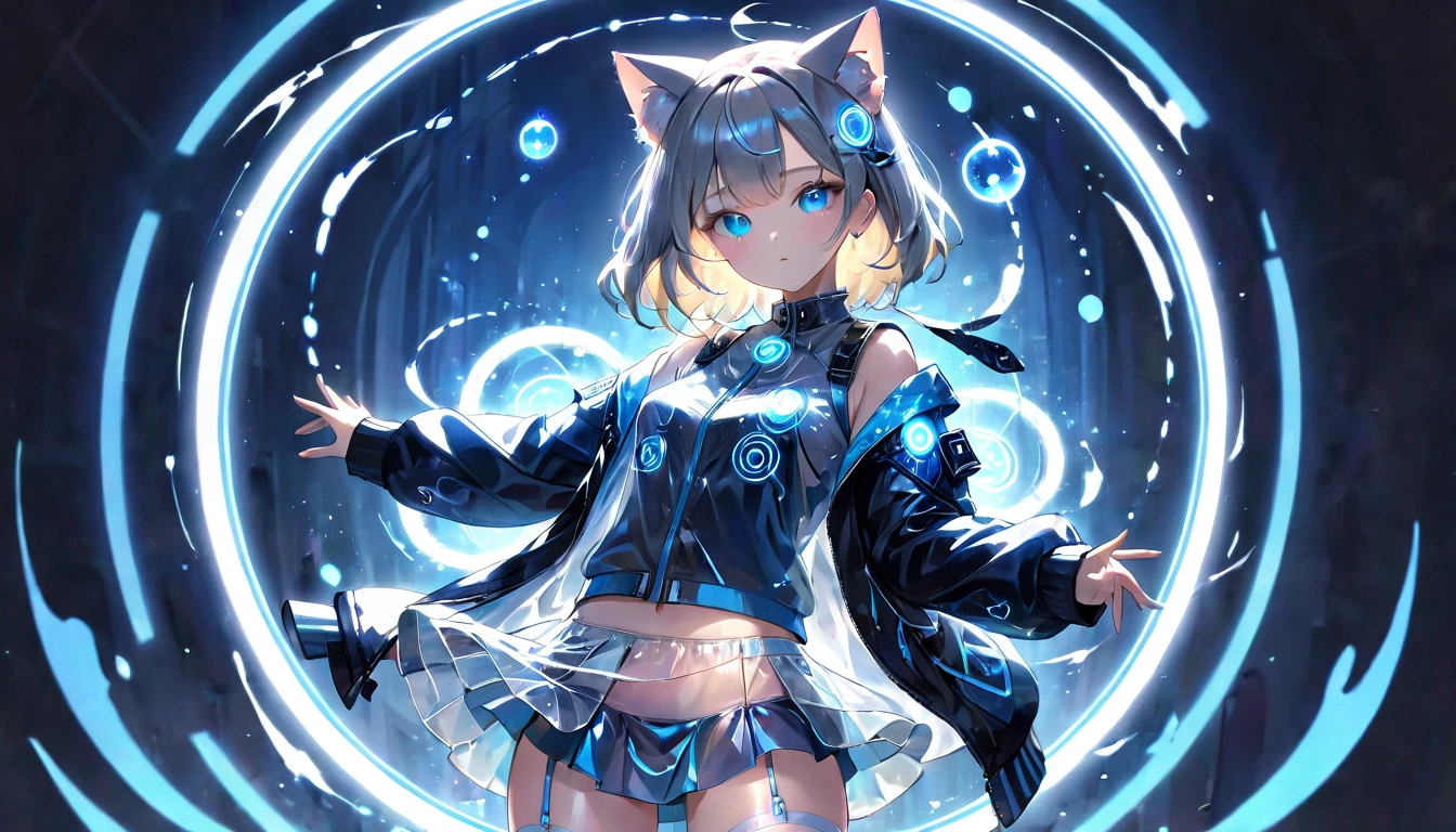 (masterpiece, best quality, very aesthetic, absurdres,general) , destroy,Cat ear,clear eyes,artificial intelligence,Glowing magic circle,(Shining middle woman:1.5),Transparent blue clothes, beautiful underwear,Fluttery skirt, see-through jacket
