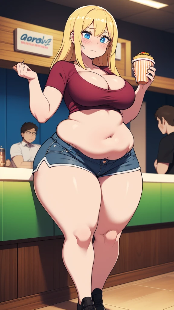 ((highres)), Masterpiece, high quality, best quality, beautiful, perfect lighting, detailed face, ultra cute face, ((1girl)), ((solo)), ((blush)), embarrassment, one girl has blonde hair, blue eyes, crop top and shorts, tight clothes, fast food restaurant, medium breasts, cleavage, perky breasts, (wide hips), ((thick thighs)), fat ass, (chubby), fat folds, belly hang, standing next to each other, hand grabbing belly,