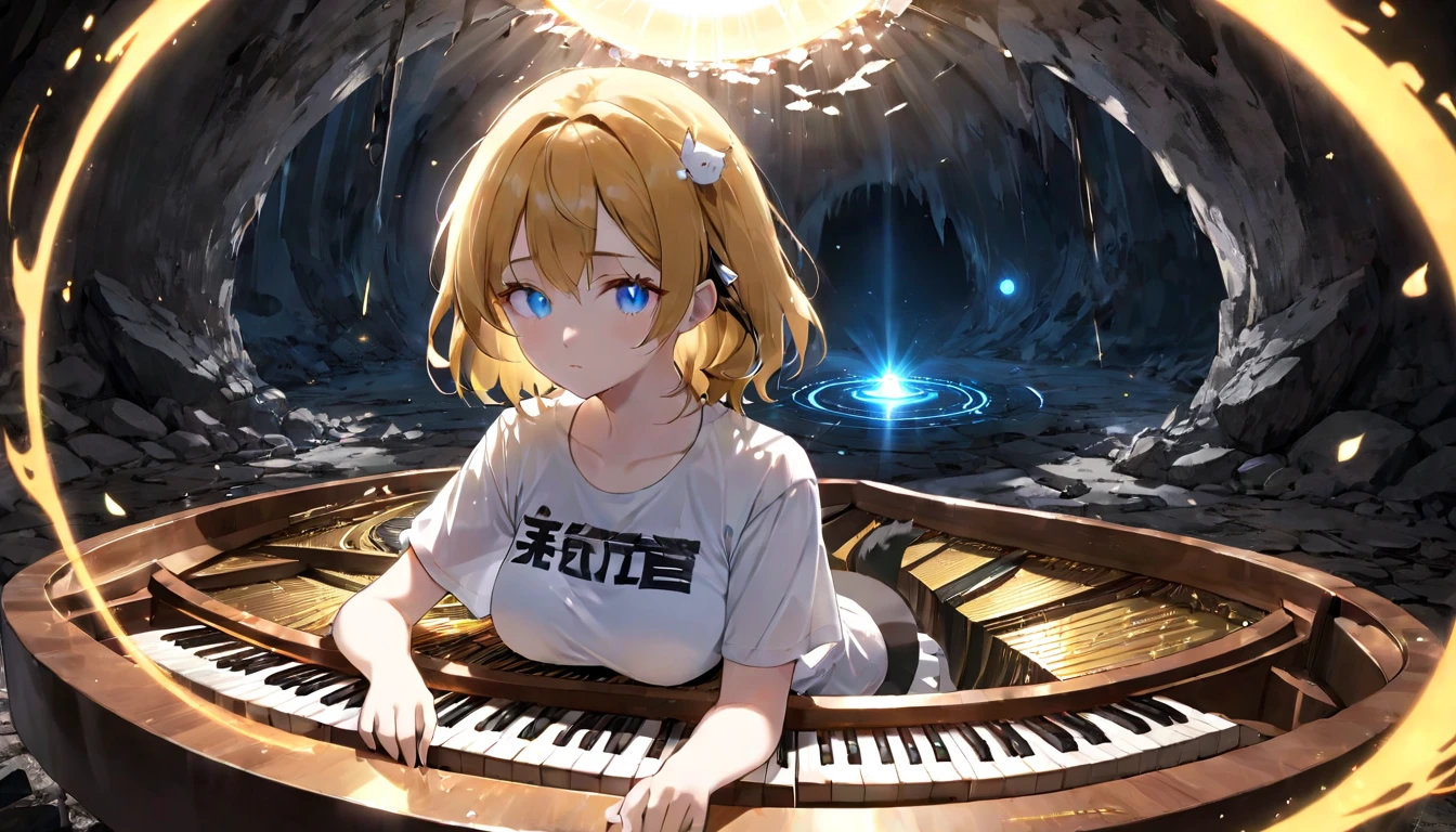 (masterpiece, best quality, very aesthetic, absurdres,general) ,
1girl, destroy the piano,Cat ear,clear eyes,artificial intelligence,Glowing magic circle,Sad expression, beautiful girl, medium breasts, cut shirt,cave,(the sun shining in the center:1.2)