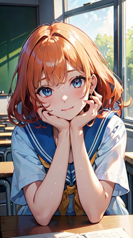 Blue-orange curls are curved inward，，There is a strong sense of freshness and freshness,girl with,((serafuku)), hands on one's face, Elbows on the desk, Sit up, ‎Classroom, sunlights, window, see the beholder, Face in Love, I can see the cleavage:1.2, The finest beige underwear, Best Quality,Ultra-detailed, High resolution, extremely details CG, Unity 8k wallpaper, Caustics, textile shading, super detailed skin, Perfect Anatomy, Detailed, Cinematic lighting, Dynamic lighting, Beautiful detailed eyes, (top-quality), (ultra-detailliert), (masuter piece), (hight resolution), (Original), Character Design, Game CG, Detailed Manga Illustration, Realistic head-to-body size ratio:1.2