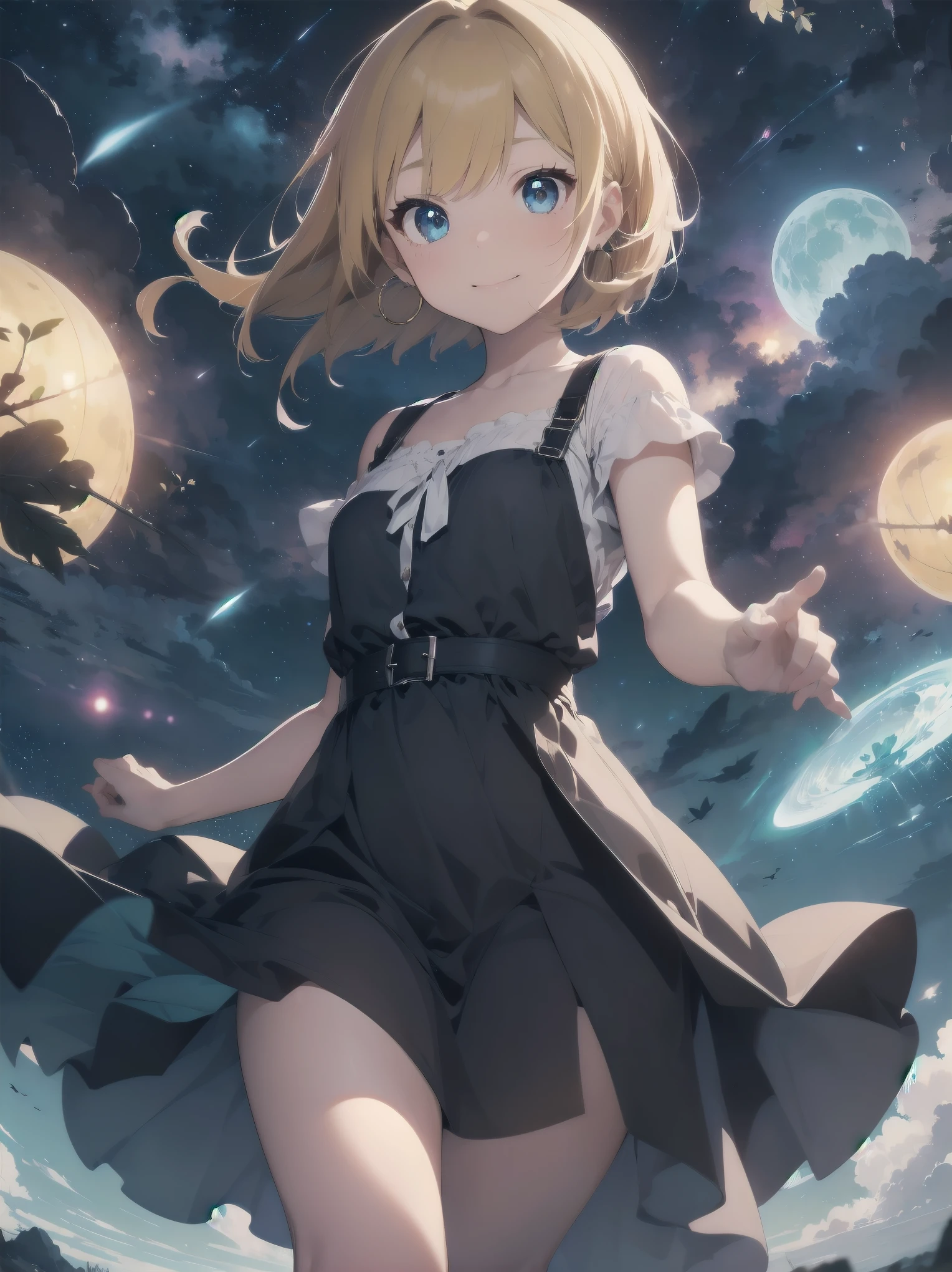 Masterpiece, Top Quality, High Resolution, Super Dimensional Face, Cute Eyes, Very Beautiful Girl in Long Blue Dress Anime Character, One Beautiful Girl, Long Dress, Solo, Blue Dress, (Bob-cut Hair:1.1), Amber Eyes, Gazing, Blonde Hair, ((Hair Fluttering in Wind)), , Medium Chest, Hoop Earrings, Fluttering hair, Night sky, Meteor shower, Fantastic, Phantom moon, Light smile, Dynamic, Fantasy, Otherworldly, Mysterious place