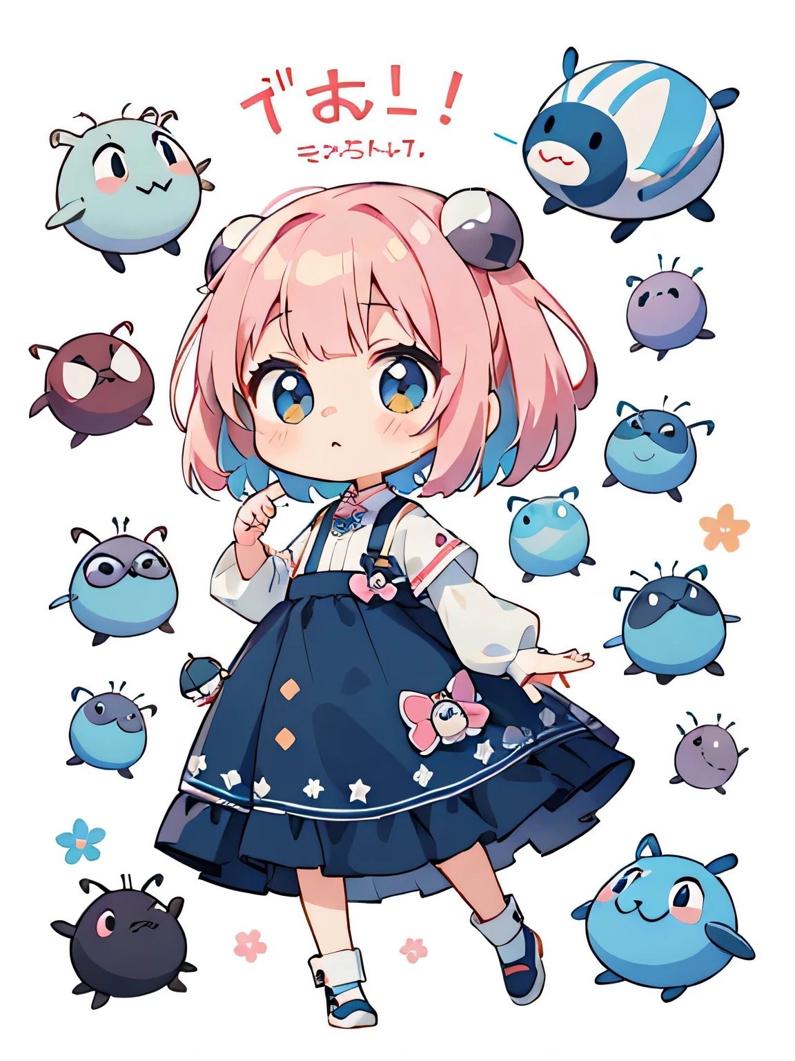 Momoko Sakura style, Kawaii Design, most beautiful girl ever、Chibi, Colorful bob hair、((Lots of friends))、Pill Bug