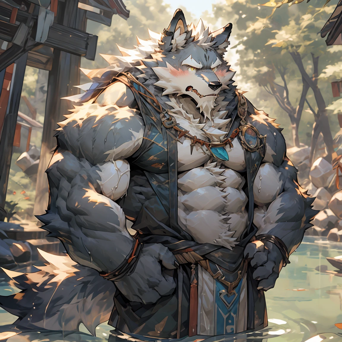 Furry male grey Wolf, Law（sdorica）, muscular, Strong build, muscular male, furry, wolf boy, White beard, A thin white beard, by null-ghost, Wearing a Japanese loincloth on the lower body, Full of manliness, The whole body is wet, The upper body is wearing a white shirt, The clothes and loincloth were soaked by water until they were translucent., White shirt unbuttoned to reveal chest muscles, Clothes and loincloths fit tightly against the skin, White tight shirt, Small belly, Muscles are well developed but the belly is fat, Big chest muscles, No NSFW elements, No factors that cause blocking, Sexy but not too sexy, Completely normal, Completely SFW, In the picture from beginning to end, Full body portrait, Through the wet clothes, you can see the slightly fat belly with abdominal muscles, A translucent loincloth that outlines the shape of a penis, Does not contain any pornographic content, Hands on hips, Standing upright, sigh, annoyed, angry, embarrassed, shy, blush, upset, sulking, depressed, frustrated, full-face blush, anger vein, nose blush, excited, saliva trail, skin fang, fang, endured face, moaning, heavy breathing, expressions, bright pupils, flustered, jitome, scowl, tearing up, serious, grimace, fume, facial hair, saliva, frown, tongue, eyeball, tears, aqua eyes, crying with eyes open, glaring, streaming tears, wide eyes, yellow eyes, wide-eyed, grey hair, wet hair, animal ears, wolf ears, tongue out, ear blush, cut-in, UHD, masterpiece, anatomically correct, ccurate, textured skin, super detail, high details, high quality, award winning, best quality, highres, 1080P, 8k，One portrait，individual，Detailed eyes, Detailed body, Detailed background, Real and detailed background, Any content that may result in being blocked