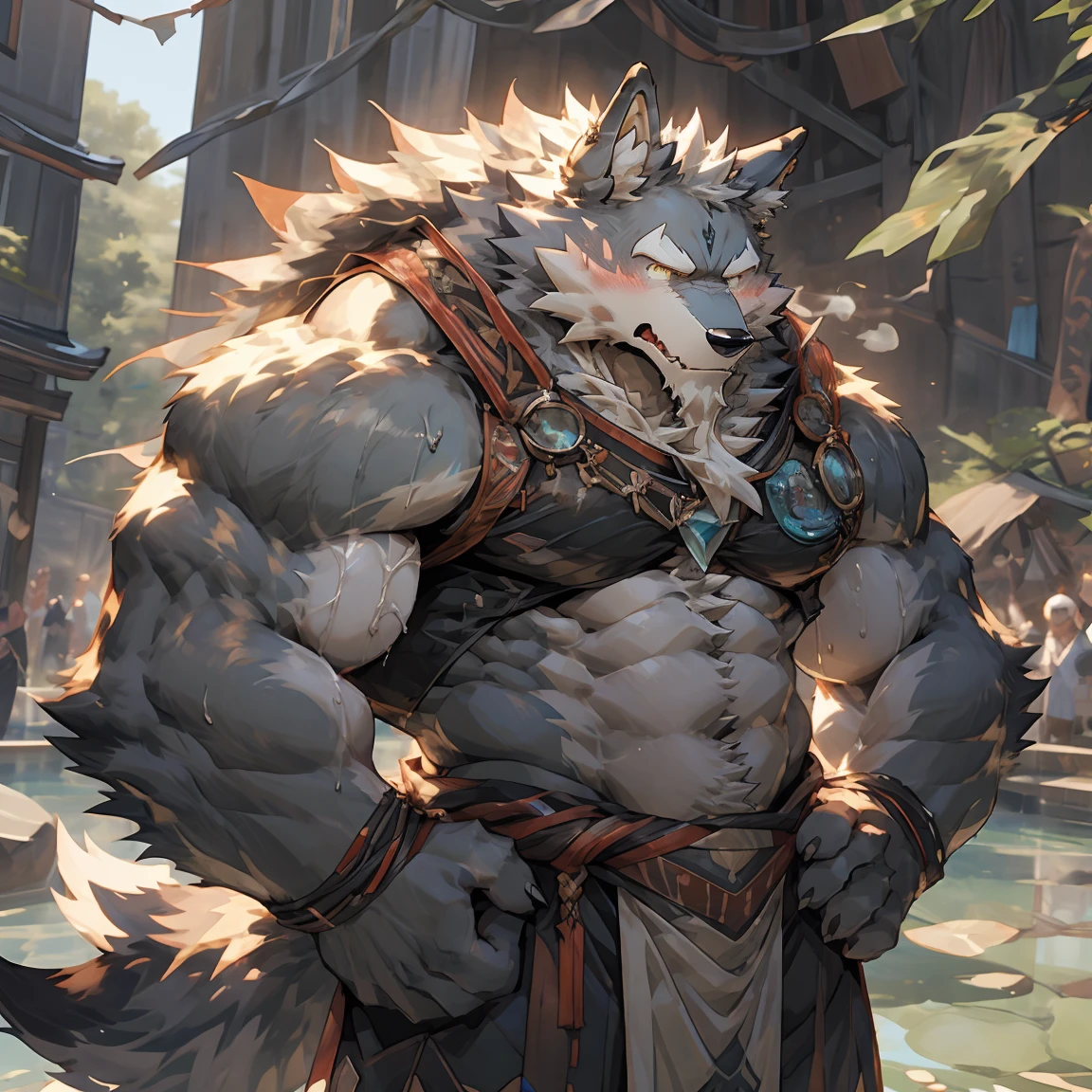 Furry male grey Wolf, Law（sdorica）, muscular, Strong build, muscular male, furry, wolf boy, White beard, A thin white beard, by null-ghost, Wearing a Japanese loincloth on the lower body, Full of manliness, The whole body is wet, The upper body is wearing a white shirt, The clothes and loincloth were soaked by water until they were translucent., White shirt unbuttoned to reveal chest muscles, Clothes and loincloths fit tightly against the skin, White tight shirt, Small belly, Muscles are well developed but the belly is fat, Big chest muscles, No NSFW elements, No factors that cause blocking, Sexy but not too sexy, Completely normal, Completely SFW, In the picture from beginning to end, Full body portrait, Through the wet clothes, you can see the slightly fat belly with abdominal muscles, A translucent loincloth that outlines the shape of a penis, Does not contain any pornographic content, Hands on hips, Standing upright, sigh, annoyed, angry, embarrassed, shy, blush, upset, sulking, depressed, frustrated, full-face blush, anger vein, nose blush, excited, saliva trail, skin fang, fang, endured face, moaning, heavy breathing, expressions, bright pupils, flustered, jitome, scowl, tearing up, serious, grimace, fume, facial hair, saliva, frown, tongue, eyeball, tears, aqua eyes, crying with eyes open, glaring, streaming tears, wide eyes, yellow eyes, wide-eyed, grey hair, wet hair, animal ears, wolf ears, tongue out, ear blush, cut-in, UHD, masterpiece, anatomically correct, ccurate, textured skin, super detail, high details, high quality, award winning, best quality, highres, 1080P, 8k，One portrait，individual，Detailed eyes, Detailed body, Detailed background, Real and detailed background, Any content that may result in being blocked