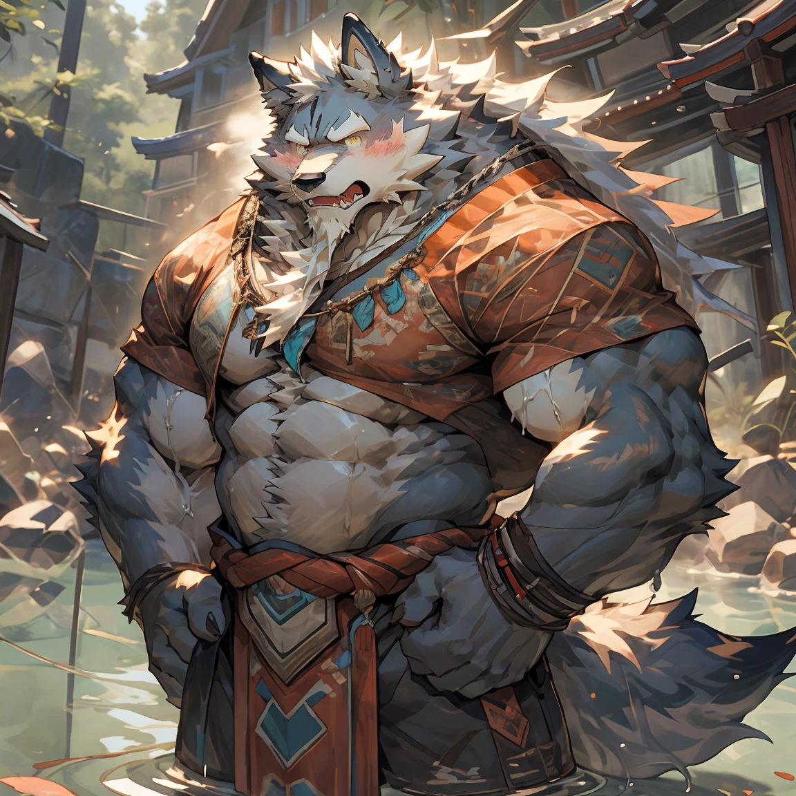 Furry male grey Wolf, Law（sdorica）, muscular, Strong build, muscular male, furry, wolf boy, White beard, A thin white beard, by null-ghost, Wearing a Japanese loincloth on the lower body, Full of manliness, The whole body is wet, The upper body is wearing a white shirt, The clothes and loincloth were soaked by water until they were translucent., White shirt unbuttoned to reveal chest muscles, Clothes and loincloths fit tightly against the skin, White tight shirt, Small belly, Muscles are well developed but the belly is fat, Big chest muscles, No NSFW elements, No factors that cause blocking, Sexy but not too sexy, Completely normal, Completely SFW, In the picture from beginning to end, Full body portrait, Through the wet clothes, you can see the slightly fat belly with abdominal muscles, A translucent loincloth that outlines the shape of a penis, Does not contain any pornographic content, Hands on hips, Standing upright, sigh, annoyed, angry, embarrassed, shy, blush, upset, sulking, depressed, frustrated, full-face blush, anger vein, nose blush, excited, saliva trail, skin fang, fang, endured face, moaning, heavy breathing, expressions, bright pupils, flustered, jitome, scowl, tearing up, serious, grimace, fume, facial hair, saliva, frown, tongue, eyeball, tears, aqua eyes, crying with eyes open, glaring, streaming tears, wide eyes, yellow eyes, wide-eyed, grey hair, wet hair, animal ears, wolf ears, tongue out, ear blush, cut-in, UHD, masterpiece, anatomically correct, ccurate, textured skin, super detail, high details, high quality, award winning, best quality, highres, 1080P, 8k，One portrait，individual，Detailed eyes, Detailed body, Detailed background, Real and detailed background, Any content that may result in being blocked