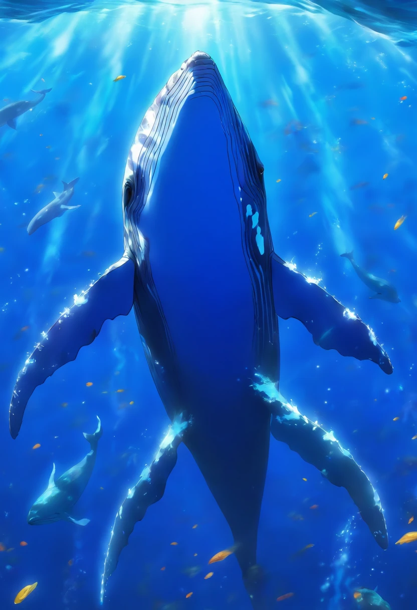 One Humpback Whale、Looking up、photograph、In the deep blue sea