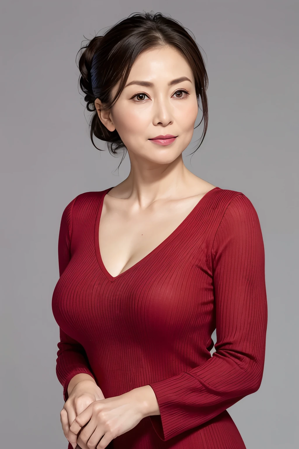 High resolution, high resolution, Attention to detail, masterpiece, Rough skin, Anatomically correct, sharp, Gray background((japanese milf, 90 years old)), alone, ((Facial wrinkles)), Ample breasts, Cleavage、 ((ponytail、Updo, short hair)),, Chubby body type (((Stand upright, Facing the center of the screen.))), Close your mouth and look ahead with a serious face, Red tight dress,Wearing a V-neck dress,sweater, skirt, ((Cowboy Shot)),