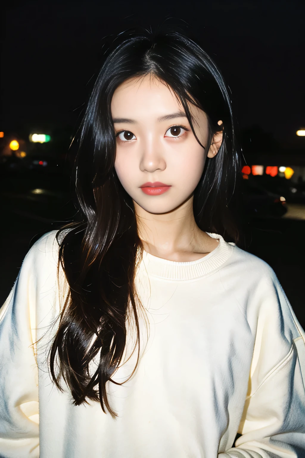 (detailed face, detailed eyes, detailed clothes:1.2), 18 years old cute girl, messy hair, white oversize sweatshirt, at parking lot, dark lighting, night