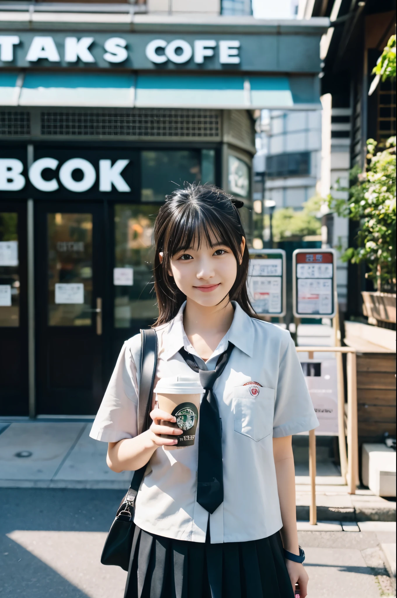 Cute 17 year old Japanese girl、Tabletop, highest quality, Portrait of a Girl、Black Hair、short、uniform、skirt、You can check pores and skin texture in high resolution.、A walk along the bank in the morning sun、Plain、Image quality of SLR cameras、Holding a Starbucks coffee in his hand、Tokyo Background、