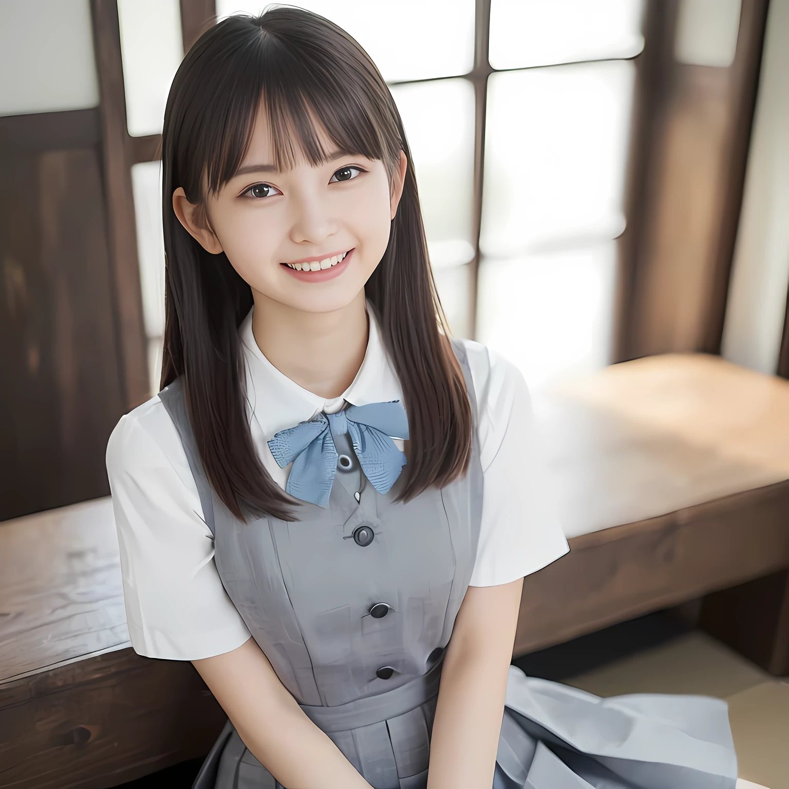 (highest quality、masterpiece:1.2)、highest quality、Realistic、photograph、High resolution、1080p、8K、Fair skin, especially face, Physical Rendering、((Height: 155cm)), one Japanese girl、((((((15 year old beautiful Japanese fashion model)))))), school summer uniform, (((Beautiful girl in the back room))), (((big very detailed beautiful dark brown eyes))), ((((impressive plain blue girly large school ribbon bow tie)))), (((black very beautiful and very very long braids))), ((((cute gray box-pleated skirt)))), ((A gray school vest)), ((ivory blouse with puffed short sleeves)), (((((((laughing at me!))))))), Mouth open, detailed fingers, ((curled bangs)), Very beautiful succubus, ((Very large and very very very cute eyes of a Japanese girl, drawn with great care and attention to detail.)), double eyelids, Thin eyebrows, ((drooping eyes)), (((very long eyelashes))), ((cute lovely lovely laughing laughing cheeks)), ((Pure white light hits her face from above and in the front, making her skin and eyes shine beautifully.)), ((Strong light hits the nose and cheeks、It brings out the richness of the expression.)), (((((Her facial features are very expressive lovely smile, very very pure, very very intelligent.))))), ((tilting one&#39;s head))