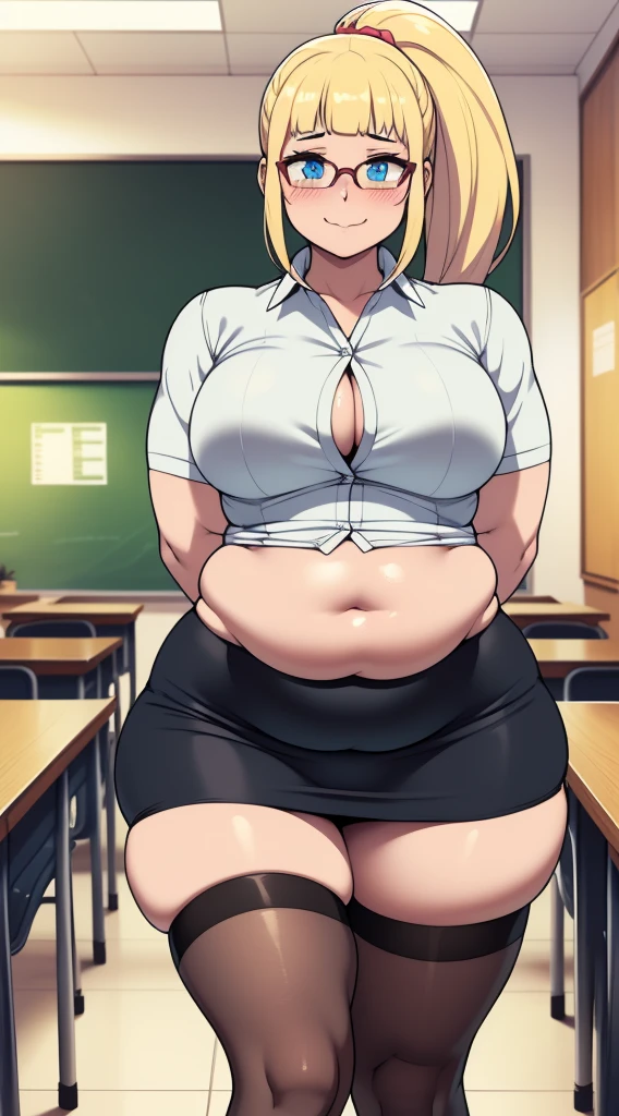 ((((kipteitei art)))), ((highres)),Masterpiece, high quality, best quality, beautiful, perfect lighting, detailed face, ultra cute face, ((1girl)), ((solo), long blonde hair, ponytail, blue eyes, glasses, smiling look, masochist, aroused, ((blush)), looking at viewer, arms crossed, standing in a classroom, (classroom), daytime, dress shirt, pencil skirt, (tight clothes), (chubby), belly bulge, (thigh highs), (wide hips), ((thick thighs)), medium breasts, perky breasts, 24 year old female,