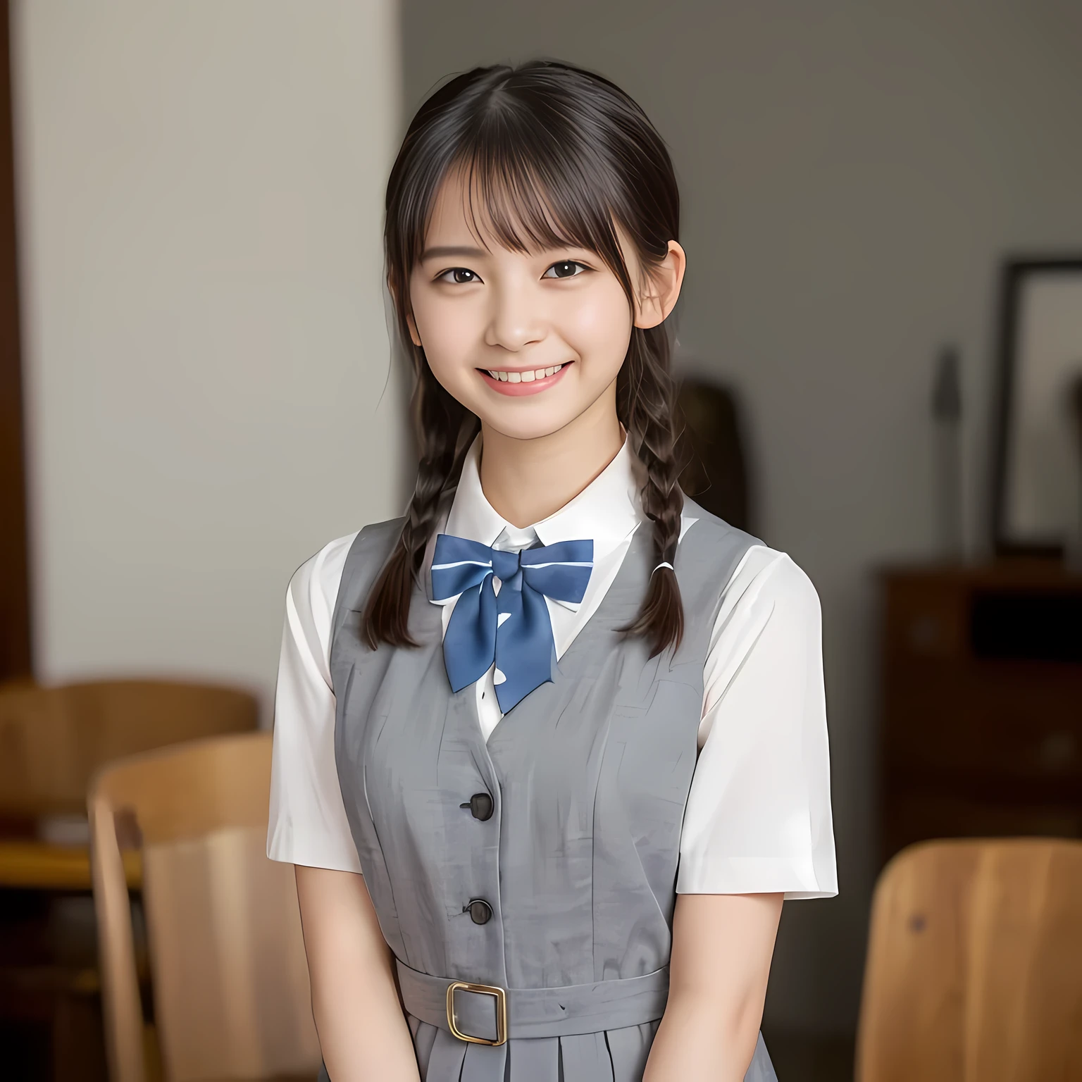 (highest quality、masterpiece:1.2)、highest quality、Realistic、photograph、High resolution、1080p、8K、Fair skin, especially face, Physical Rendering、((Height: 155cm)), one Japanese girl、((((((15 year old beautiful Japanese fashion model)))))), school summer uniform, (((Beautiful girl in the back room))), (((big very detailed beautiful dark brown eyes))), ((((impressive plain blue girly large school ribbon bow tie)))), (((black very beautiful and very very long braids))), ((((cute gray box-pleated skirt)))), ((A gray school vest)), ((ivory blouse with puffed short sleeves)), (((((((laughing at me!))))))), Mouth open, detailed fingers, ((curled bangs)), Very beautiful succubus, ((Very large and very very very cute eyes of a Japanese girl, drawn with great care and attention to detail.)), double eyelids, Thin eyebrows, ((drooping eyes)), (((very long eyelashes))), ((cute lovely lovely laughing laughing cheeks)), ((Pure white light hits her face from above and in the front, making her skin and eyes shine beautifully.)), ((Strong light hits the nose and cheeks、It brings out the richness of the expression.)), (((((Her facial features are very expressive lovely smile, very very pure, very very intelligent.))))), ((tilting one&#39;s head))