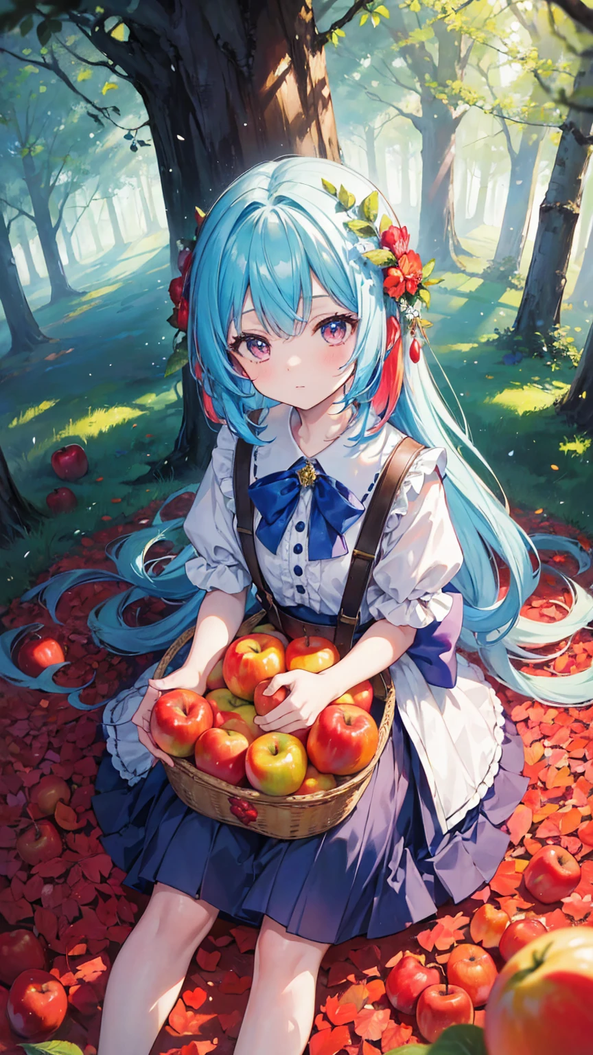 (masterpiece, best quality), (colorful:1.4), from above, solo, 1girl standing in a fairytale forest with towering trees and a bag of enchanted apples, depth of field, fisheye lens
