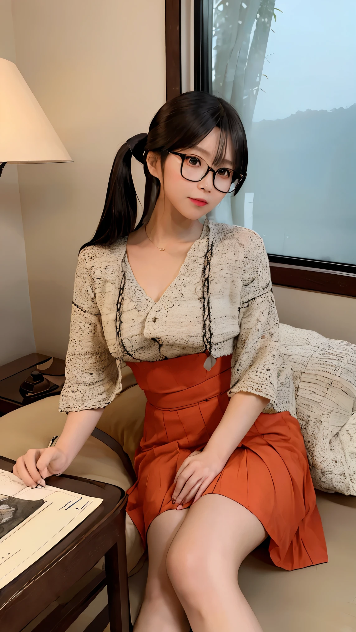 (bright, vibrant colors:1.2)(best quality,highres,ultra-detailed:1.2)A Japanese woman with a nerdy and intellectual appearance wearing trendy glasses. She has (long, straight black hair), which falls gracefully on her shoulders. Her eyes behind the glasses are (bright, large, and expressive), with perfectly groomed eyebrows. As she looks down at something, her gaze reflects intense focus and curiosity. She wears a (fashionable, vintage-inspired) outfit, consisting of a (loose, patterned shirt) and a (retro, high-waisted skirt). The combination of the clothes highlights her feminine yet sophisticated style.
Surrounding the woman is a (cozy, book-filled) room, with bookshelves that cover the walls from floor to ceiling, showcasing an impressive collection of literature. A vintage record player sits on a sturdy wooden table, emitting a warm melody. The soft glow of a desk lamp illuminates the pages of a book that lies open in front of her.
In the background, a (traditional Japanese tea set) is arranged neatly on a small table, inviting a tranquil and contemplative ambiance. Soft sunlight filters through a bamboo curtain, casting gentle shadows on the tatami floor. Beyond the window, a traditional Japanese garden unfolds with (lush greenery) and (colorful cherry blossom trees) in full bloom. The delicate petals dance in the breeze, creating an enchanting and serene atmosphere.
The overall art style of the image is influenced by Japanese manga and anime, with clean lines and vibrant colors reminiscent of iconic scenes. The colors are (bold and vibrant), with a harmonious combination of warm and cool tones. The lighting adds depth and realism by emphasizing the woman's features and casting subtle shadows on the surroundings.
The image exudes a sense of intellectual curiosity, with a nerdy, yet stylish Japanese woman immersed in her reading and surrounded by her beloved books and cultural artifacts.